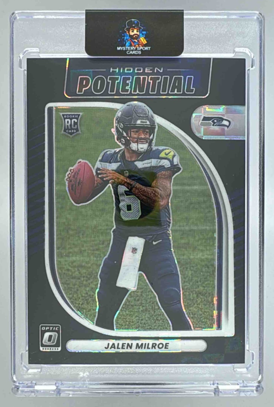 Card image for 2025 Panini Donruss Optic Jalen Milroe Hidden Potential Black Pandora Prizm /149 #14 RC Seahawks