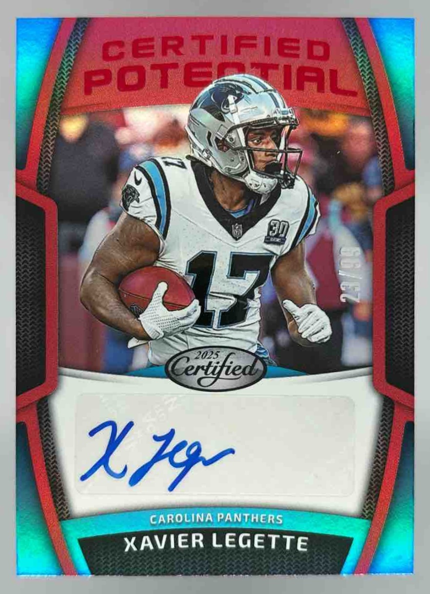 Card image for 2025 Panini Certified Xavier Legette Potential Signatures Mirror Red /99 #CPS-XLE Auto Panthers