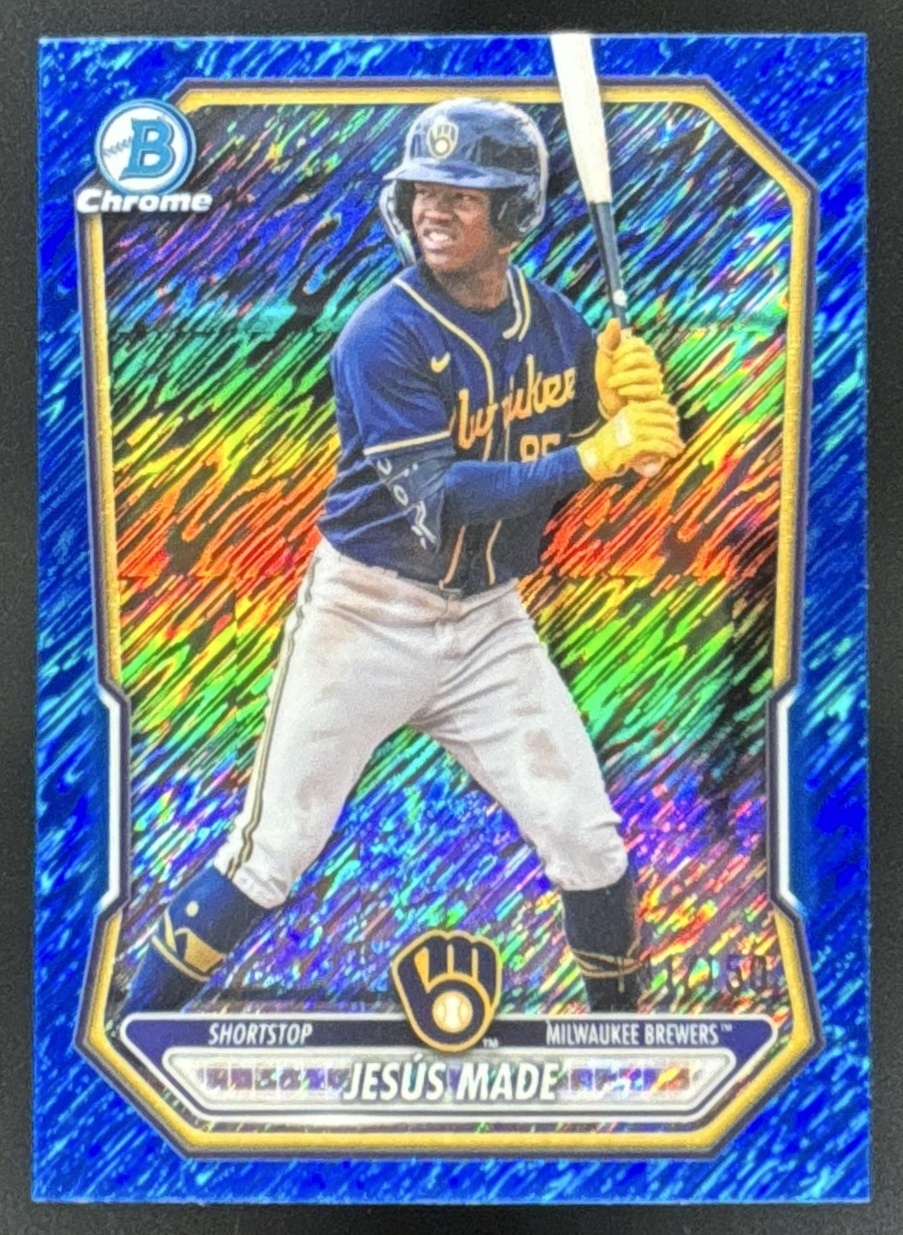Card image for 2026 Bowman Jesus Made Chrome Prospects Blue Shimmer Refractor /150