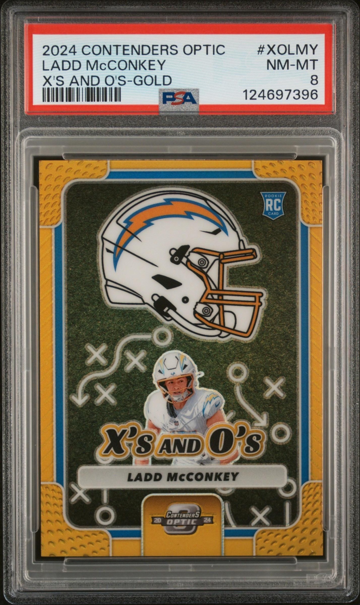 Card image for 2024 Panini Contenders Optic Ladd McConkey X's and O's Gold Prizm /10 #XO-LMY RC Chargers