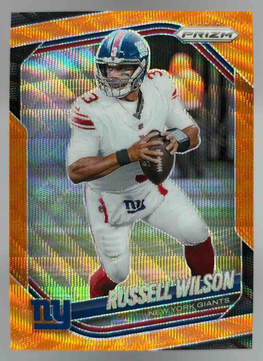 Card image for 2025 Panini Football Prizm Russell Wilson Orange Wave /65 #202 New York Giants