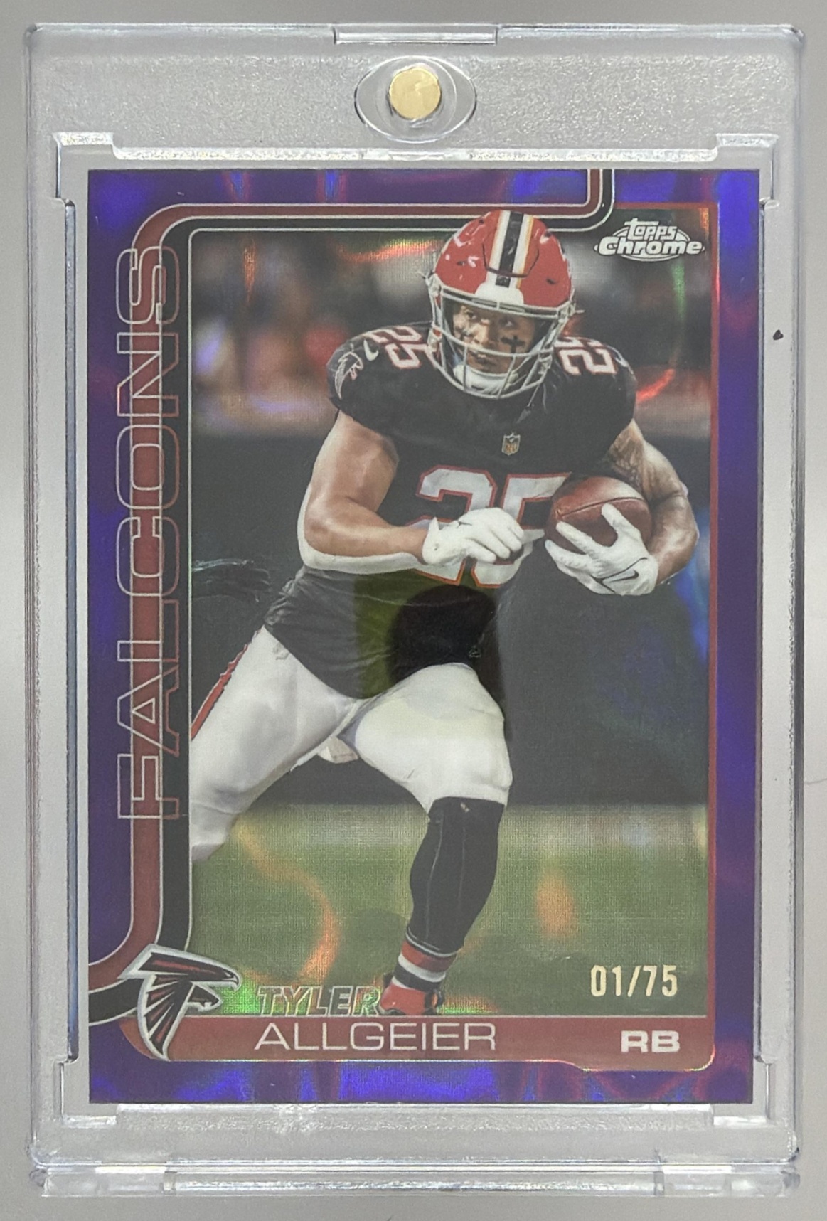 Card image for 2025 Topps Chrome Tyler Allgeier Purple Refractor /75 #17 Falcons