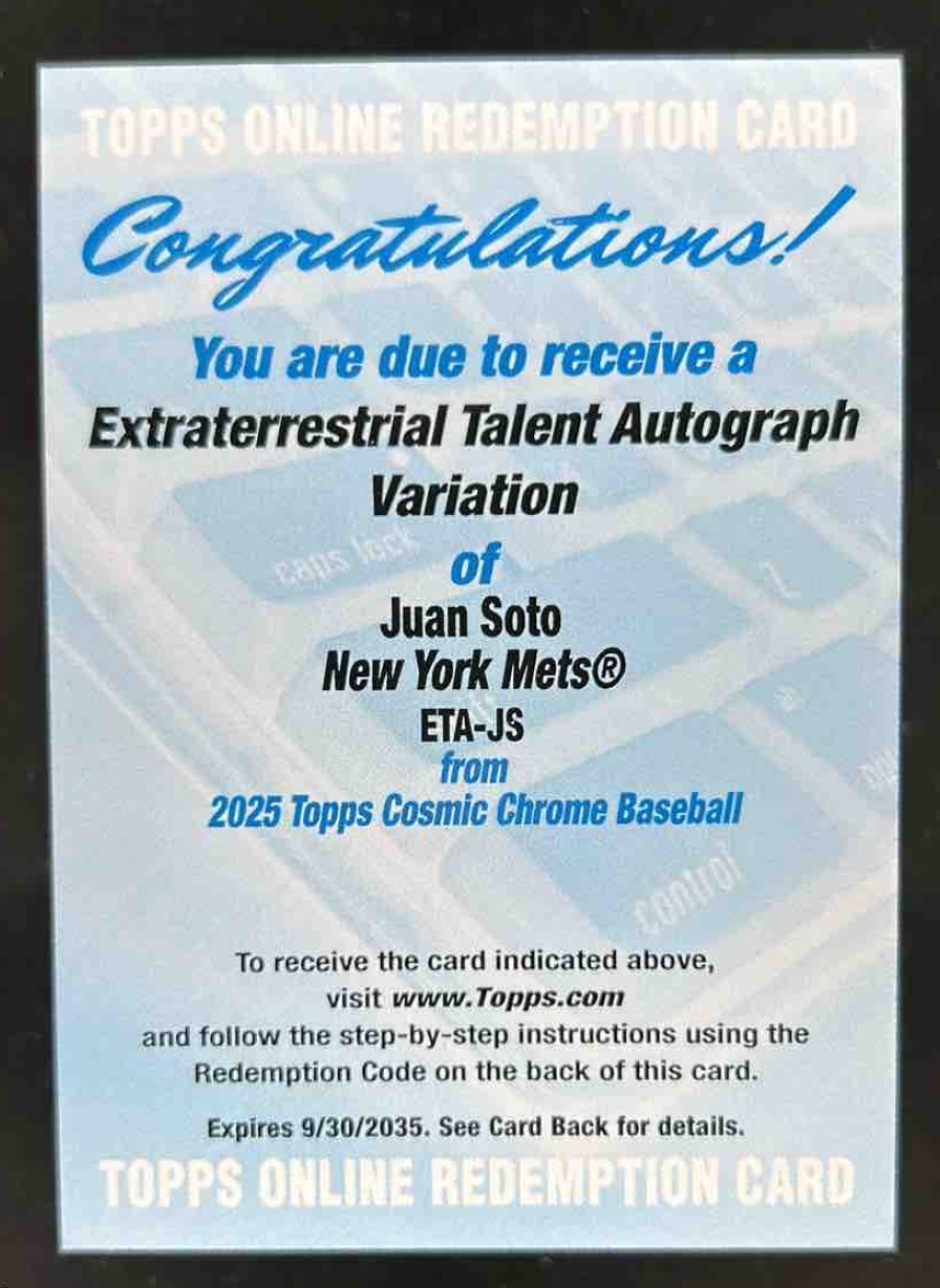 Card image for Juan Soto 2025 Topps Cosmic Chrome Extraterrestrial Talent Autograph