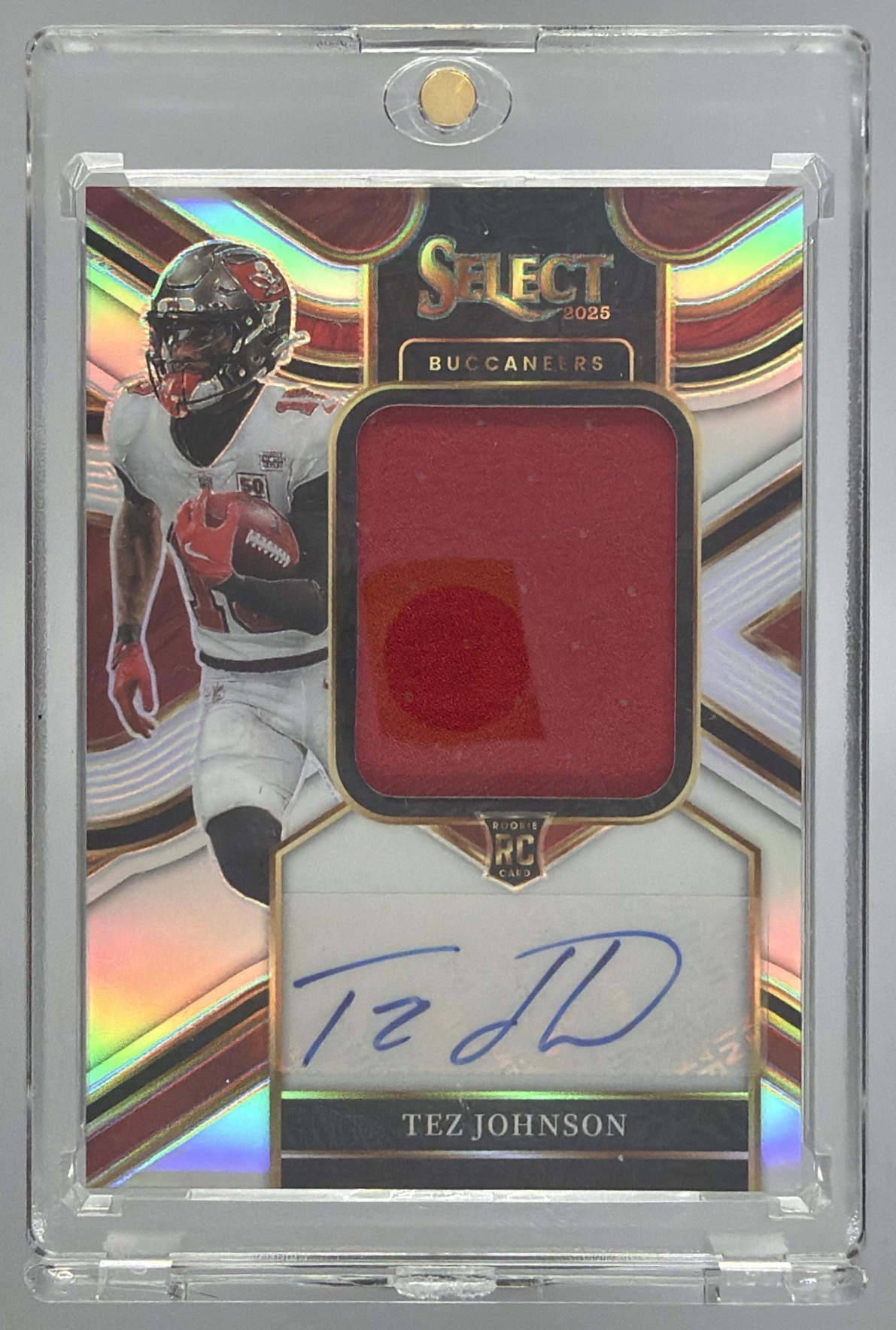 Card image for 2025 Panini Select Tez Johnson Jumbo Rookie Signature Swatch Silver Prizm /249 #JRS-TJN MEM RC Auto Buccaneers