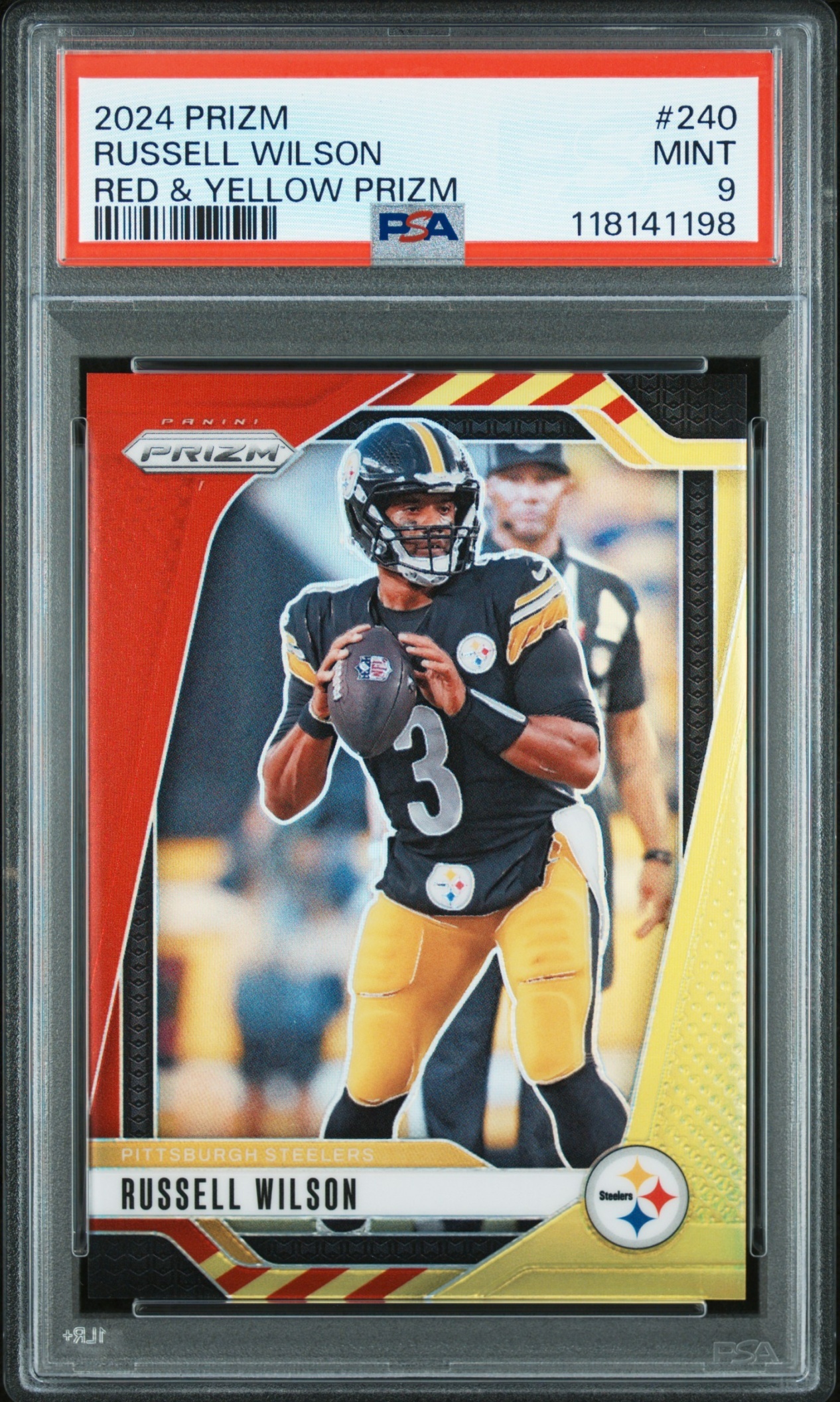 Card image for 2024 Panini Prizm Russell Wilson Red and Yellow /44 #240 Steelers