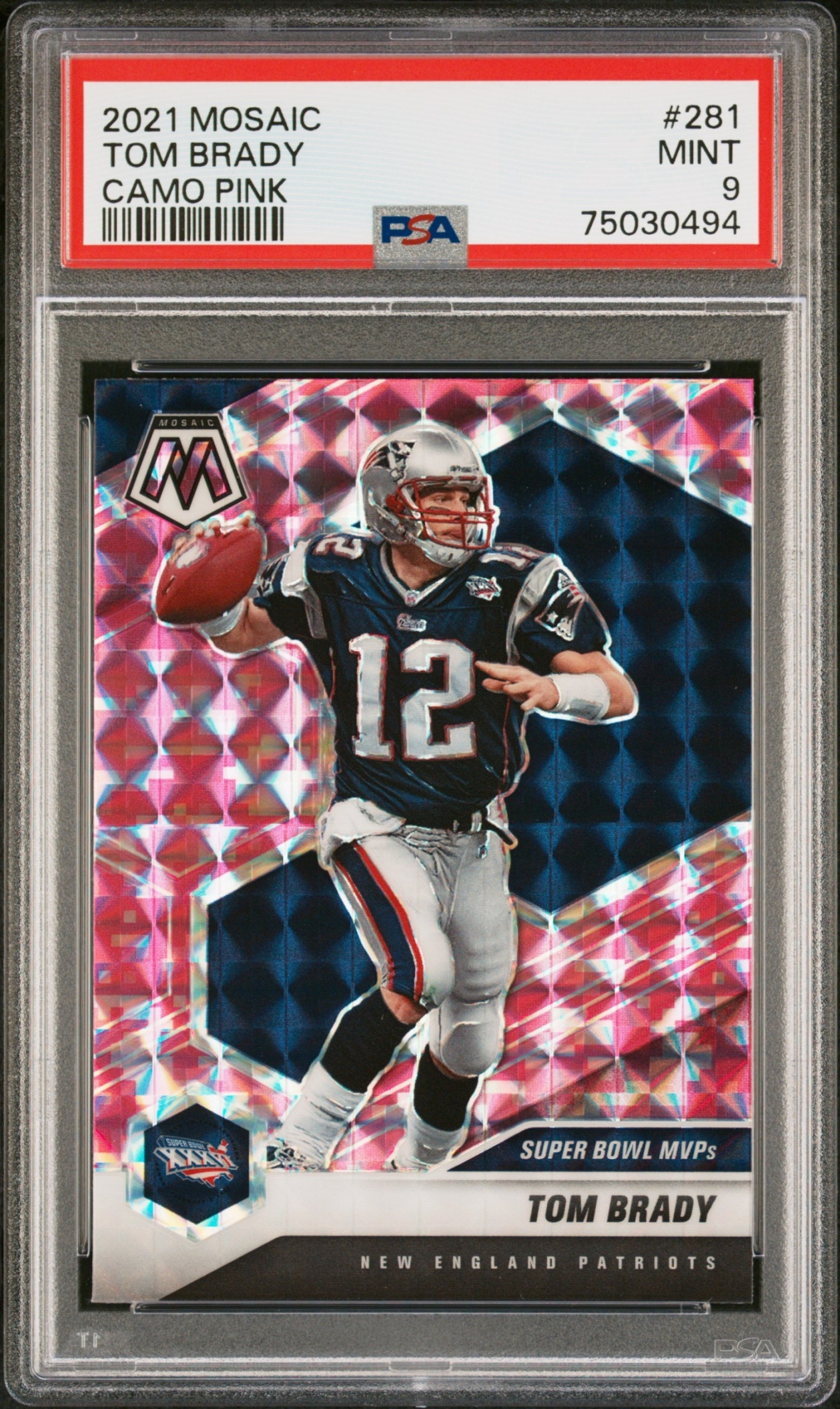 Card image for 2021 Panini Football Mosaic Tom Brady Prizm Camo Pink #281 New England Patriots