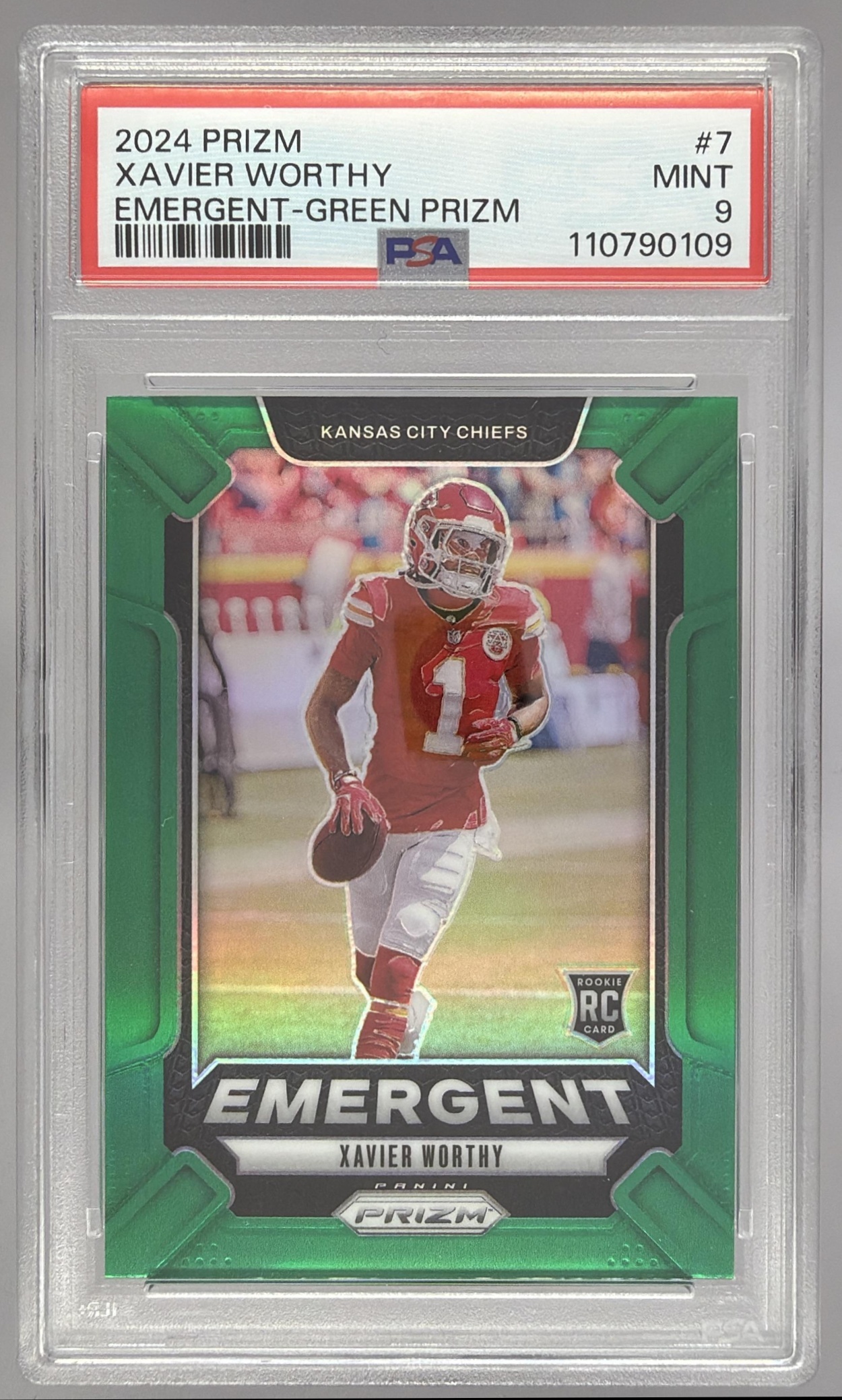 Card image for 2024 Panini Football Prizm Xavier Worthy Emergent Green #7 RC Kansas City Chiefs