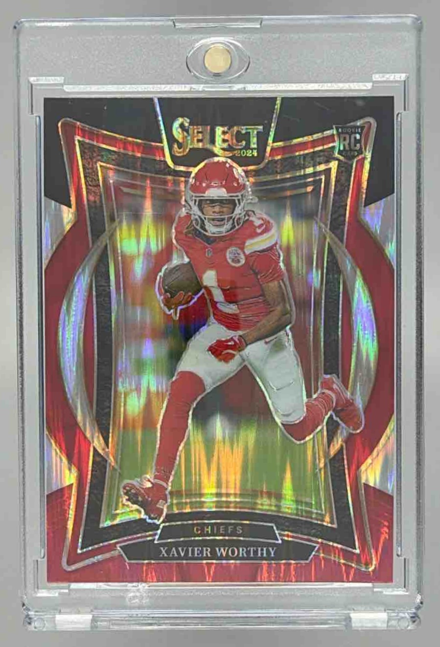 Card image for 2024 Panini Select Xavier Worthy Concourse Red and Yellow Prizm Shock #32 RC Chiefs