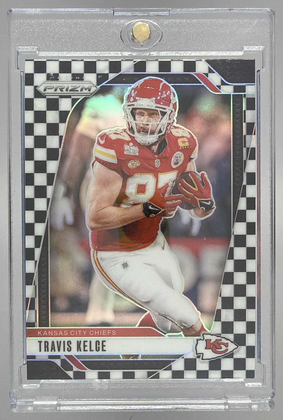 Card image for 2024 Panini Prizm Travis Kelce Black and Red Checker #140 Chiefs
