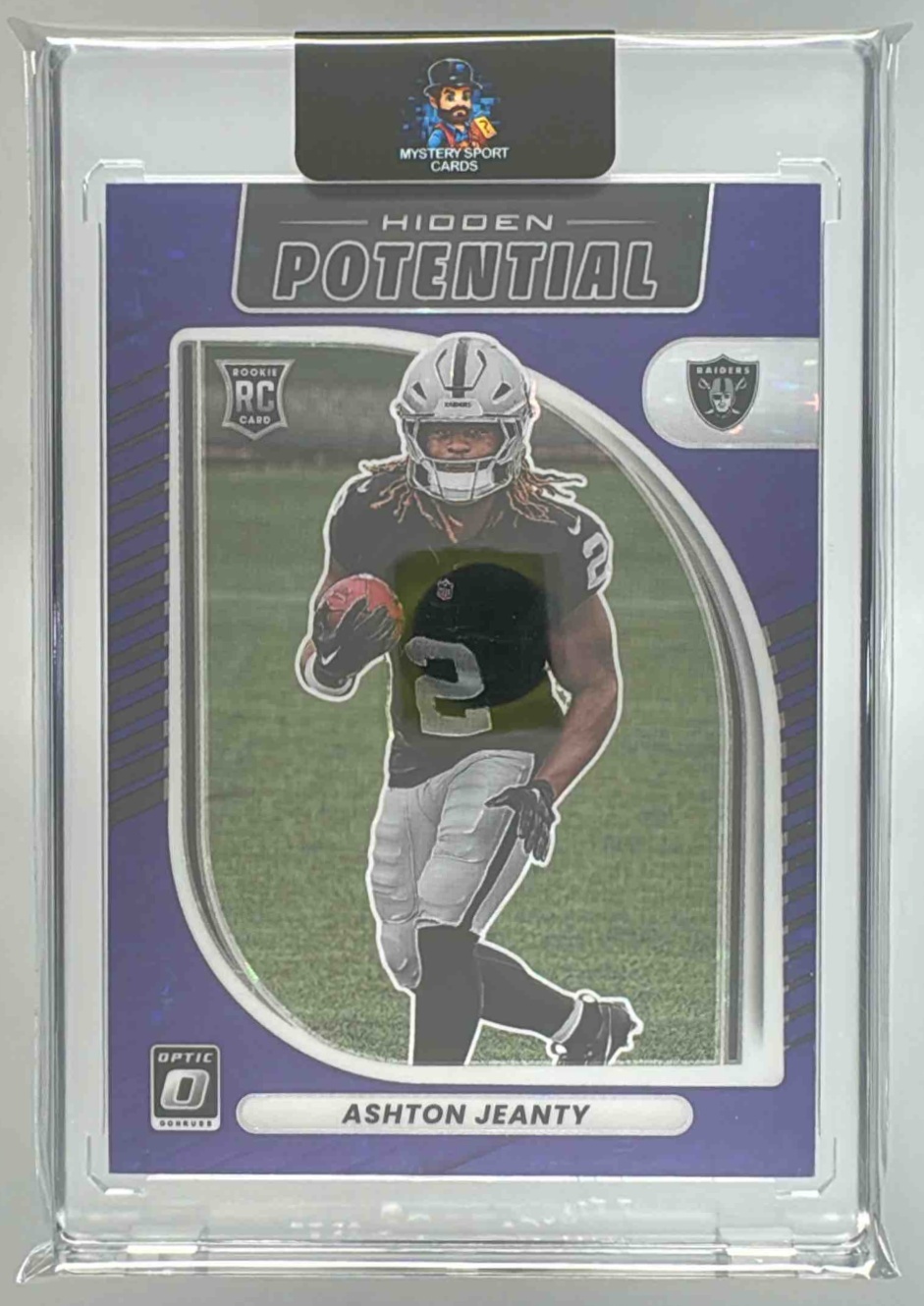 Card image for 2025 Panini Donruss Optic Ashton Jeanty Hidden Potential Purple Stars Prizm /25 #5 RC Raiders