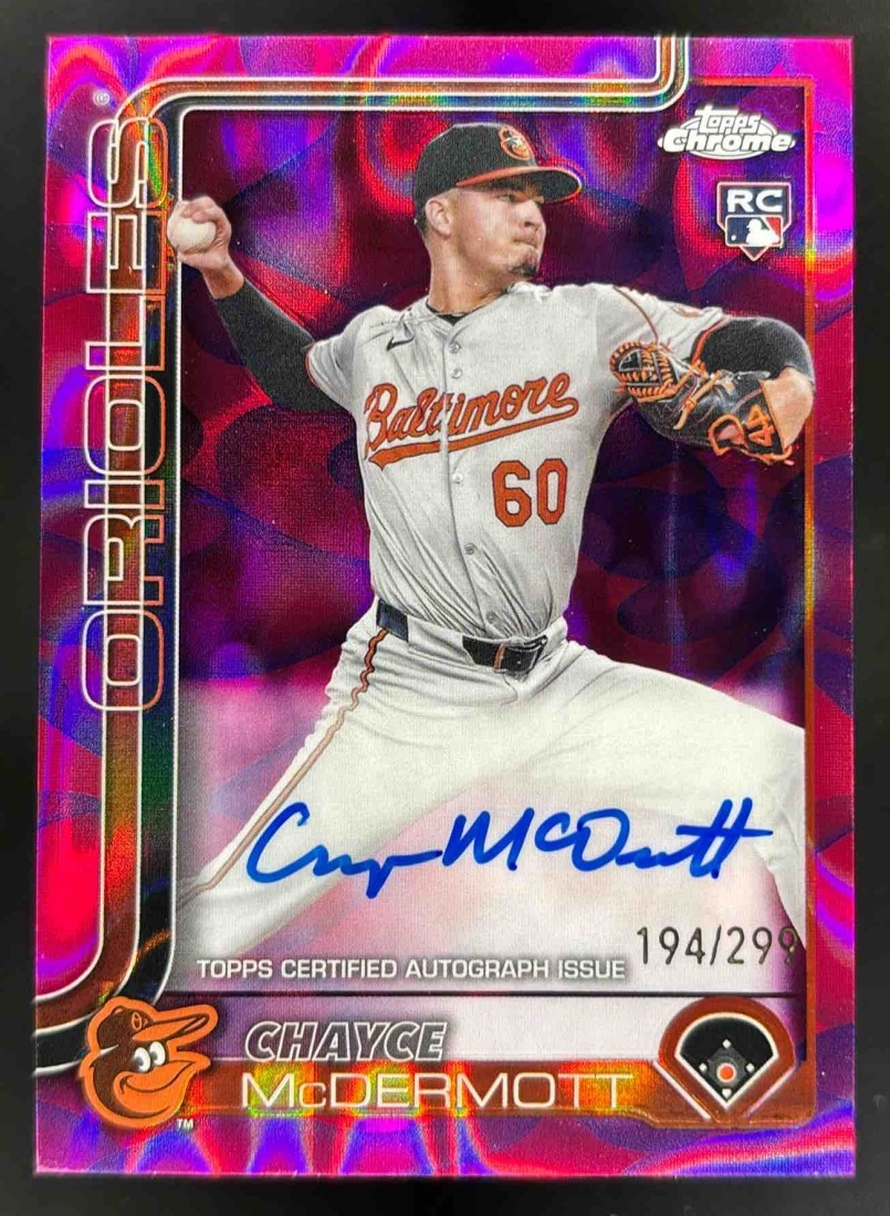 Card image for 2025 Topps Chrome Update Chayce McDermott Lava Lamp Auto Magenta/Purple /299 RC