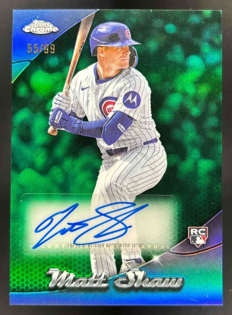 Card image for 2025 Topps Chrome Update Matt Shaw Chromeography Green Refractor /99 RC Auto
