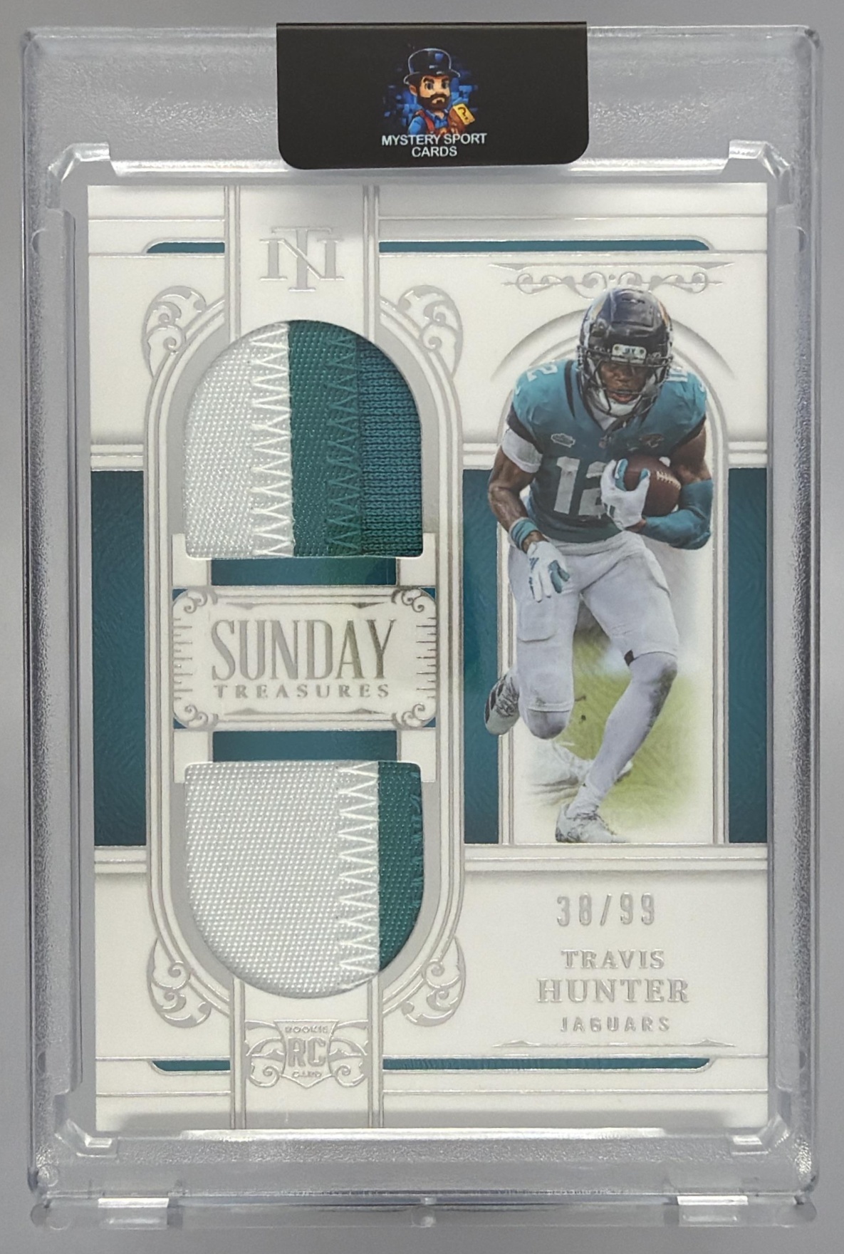 Card image for 2025 Panini National Treasures Travis Hunter Sunday /99 #ST-THR MEM RC Jaguars