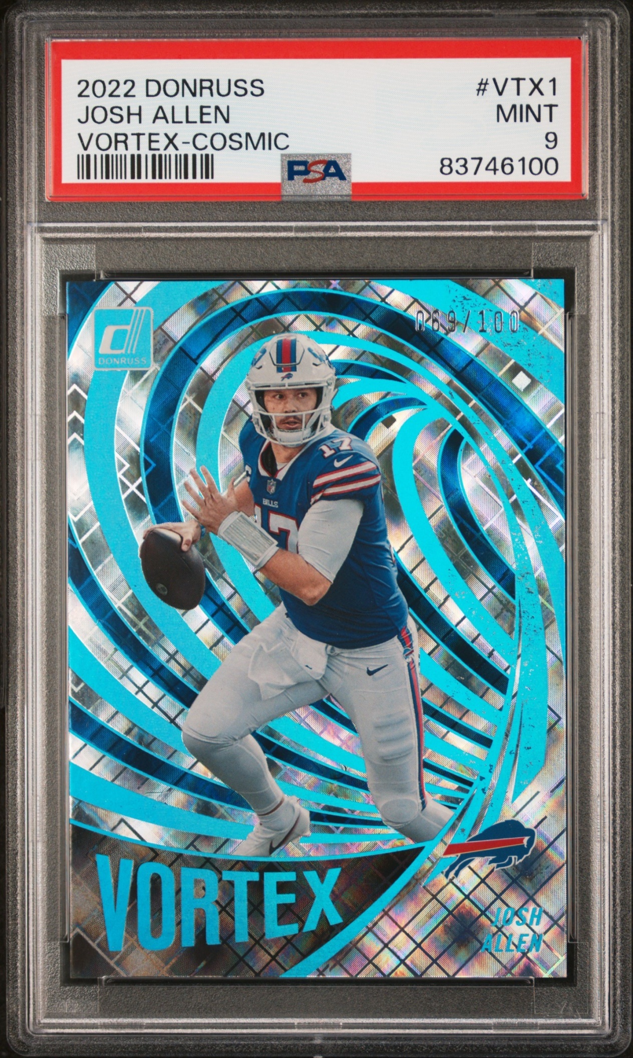 Card image for 2022 Panini Football Donruss Josh Allen Vortex Cosmic /100 #VTX-1 Buffalo Bills