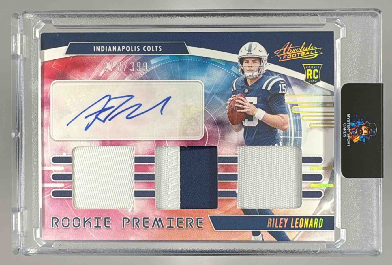 Card image for 2025 Panini Absolute Riley Leonard Rookie Premiere Materials Autos /399 #RPM-RLD RC MEM Auto Colts