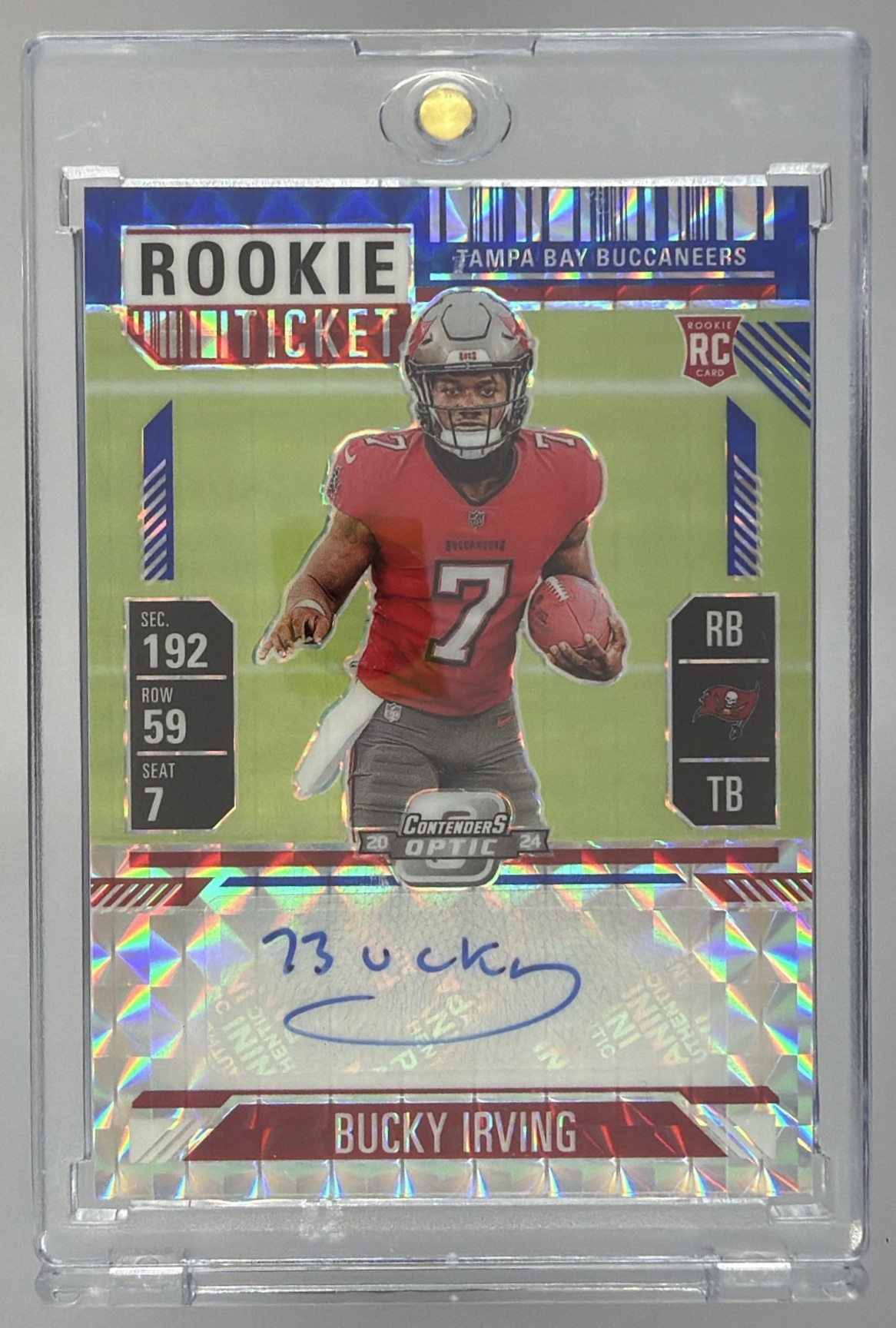 Card image for 2024 Panini Contenders Bucky Irving Rookie Ticket RPS Auto #122 RC Buccaneers