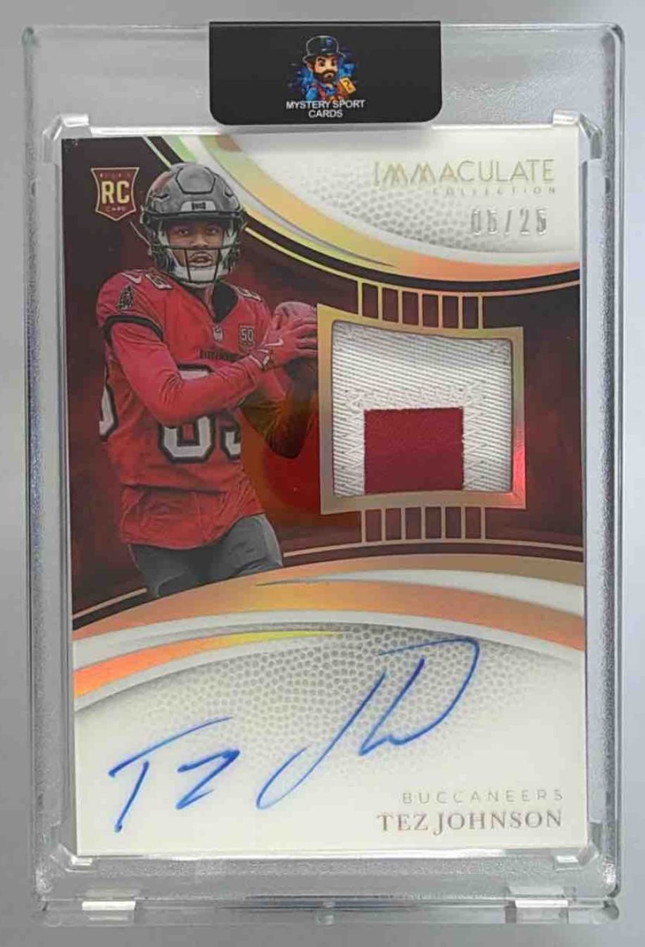 Card image for 2025 Panini Immaculate Collection Tez Johnson Rookie Patch Auto Gold /25 #122 MEM RC Buccaneers
