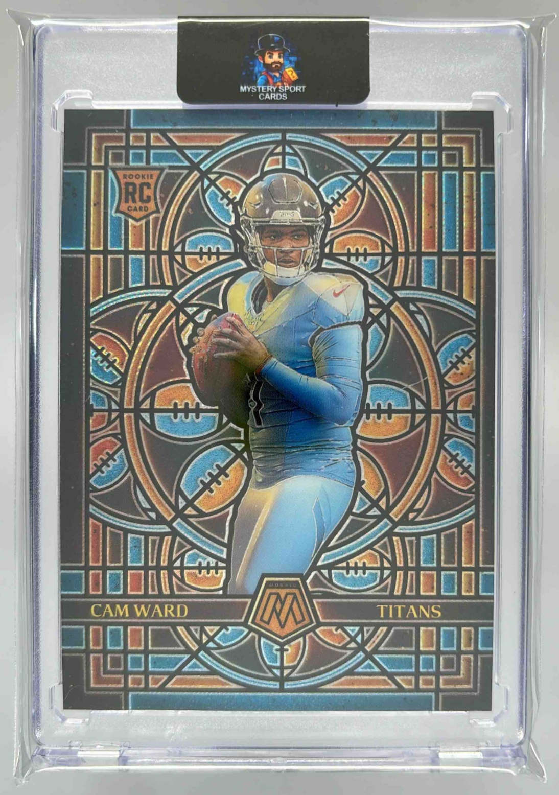Card image for 2025 Panini Football Mosaic Cam Ward Stained Glass #25 RC Tennessee Titans