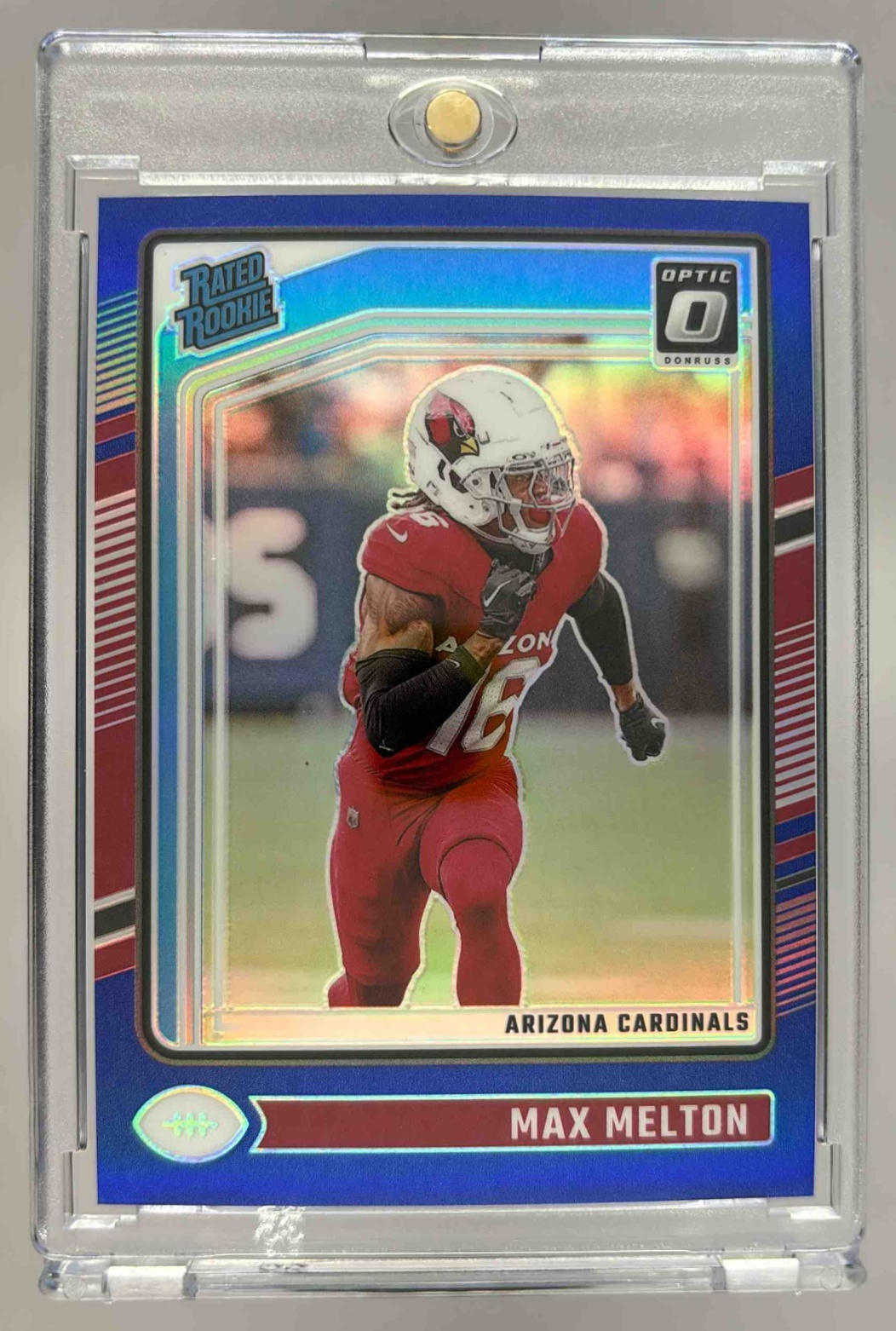 Card image for 2024 Panini Donruss Optic Max Melton Blue /199 #277 Rated Rookie Cardinals