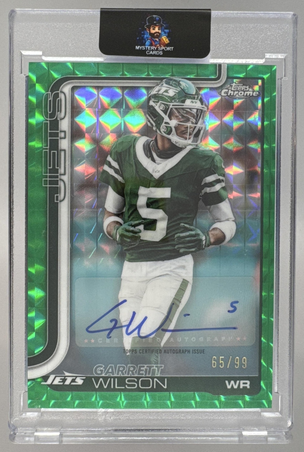 Card image for 2025 Topps Chrome Garrett Wilson Auto Green Geometric Refractor /99 #BA-GW Jets