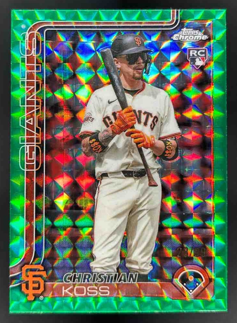 Card image for 2025 Topps Chrome Update Christian Koss Green Geometric Refractor /99 RC