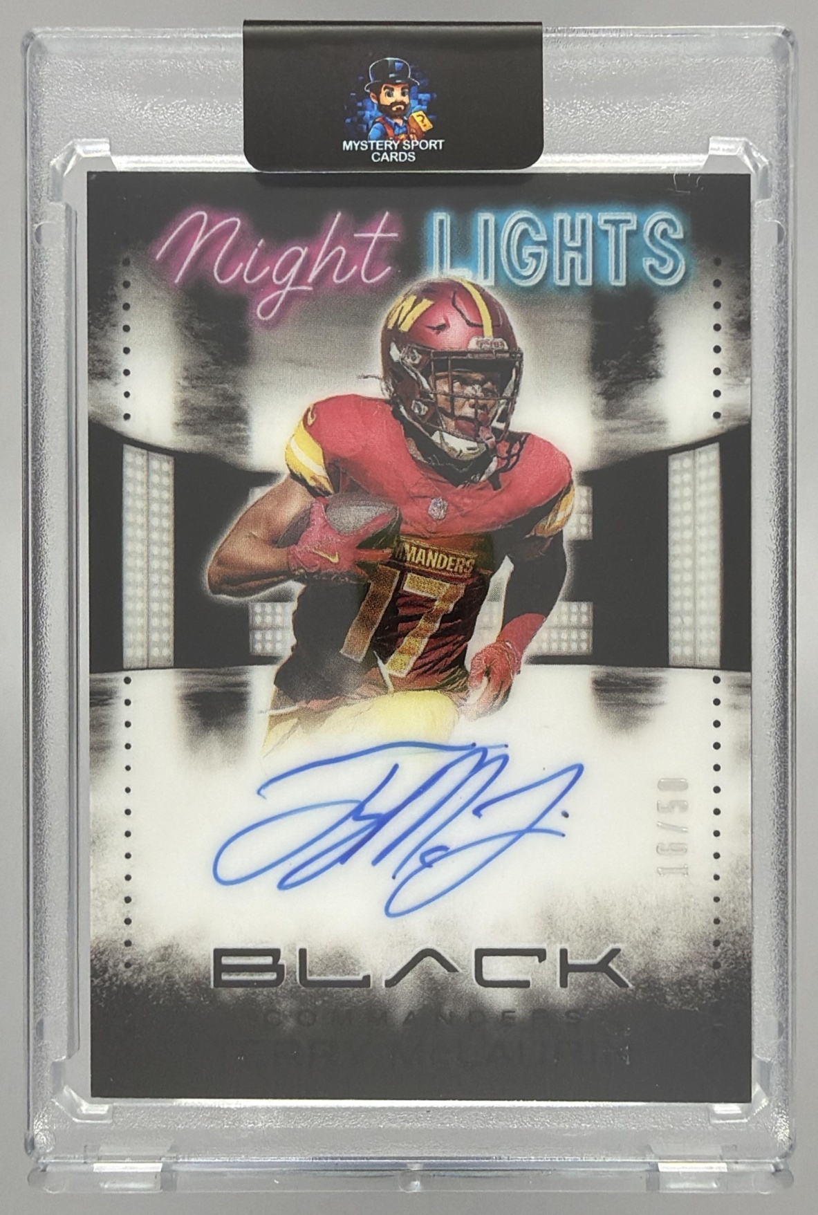 Card image for 2025 Panini National Treasures Terry McLaurin Black Football Night Lights Signatures #7 Auto Commanders