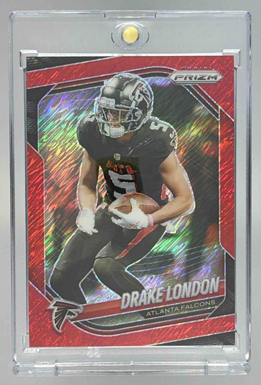 Card image for 2025 Panini Football Prizm Drake London Red Shimmer /49 #198 Atlanta Falcons