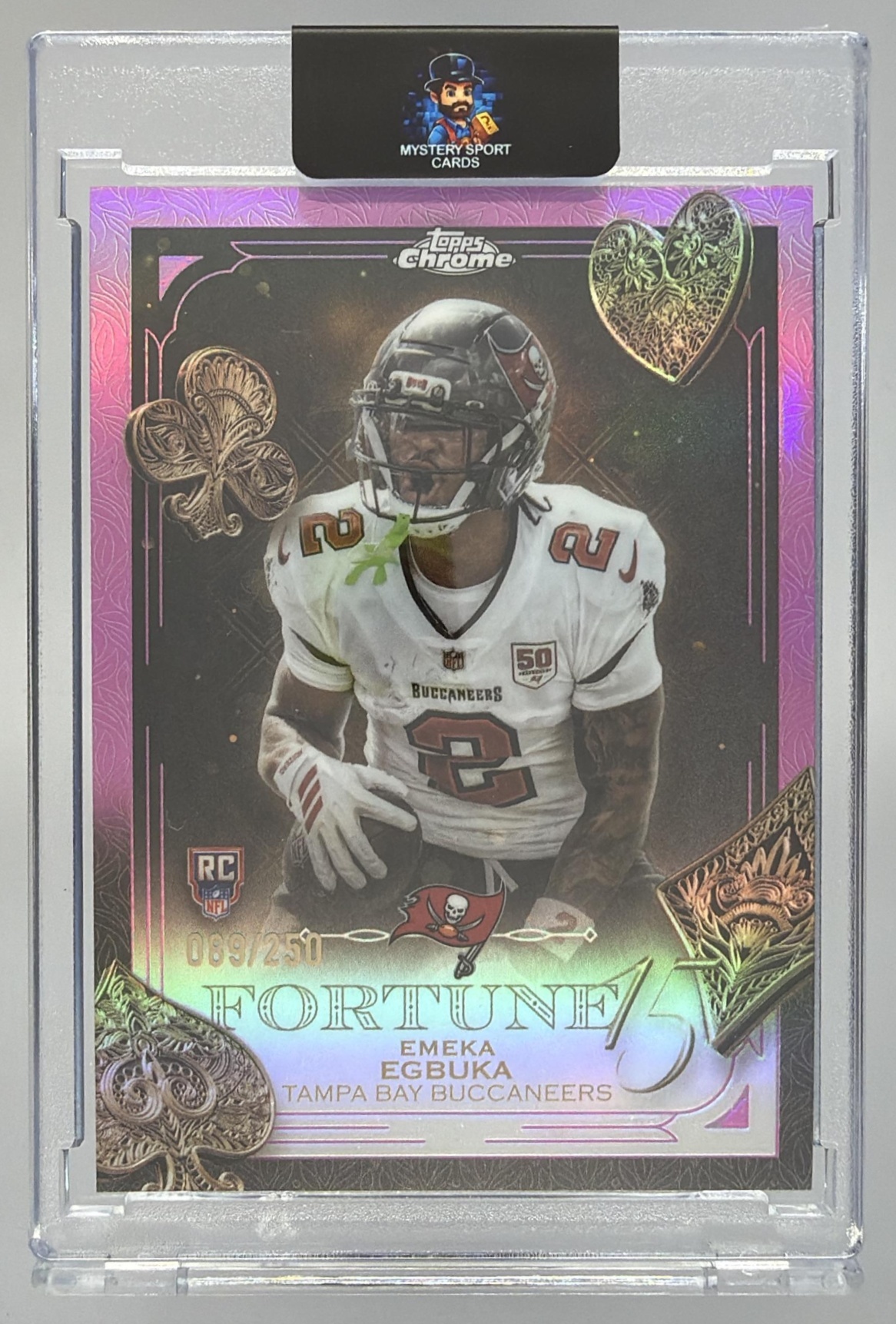 Card image for 2025 Topps Chrome Emeka Egbuka Fortune 15 Pink Refractor /250 #F15-21 RC Buccaneers