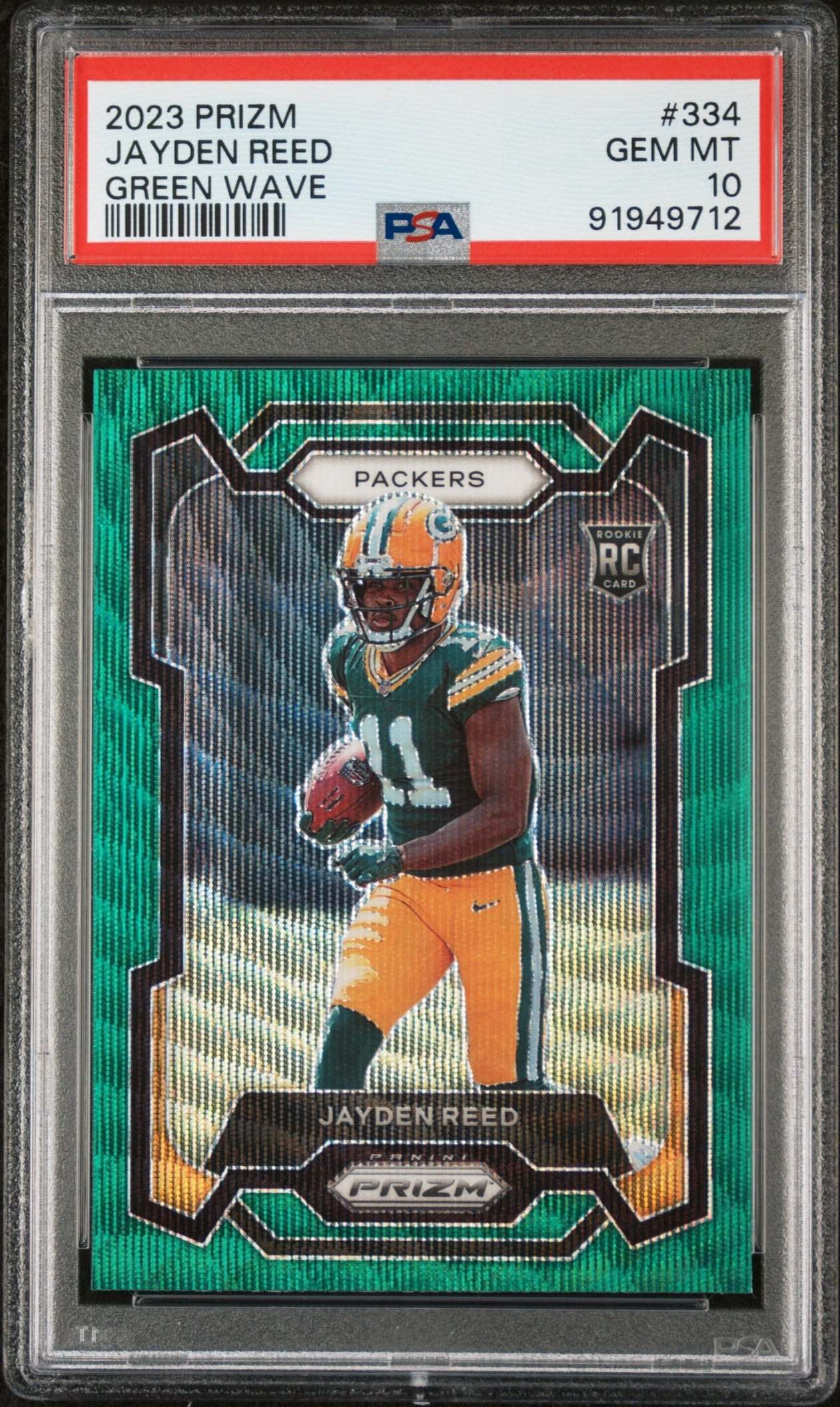 Card image for 2023 Panini Football Prizm Jayden Reed Green Wave #334 RC Bay Packers