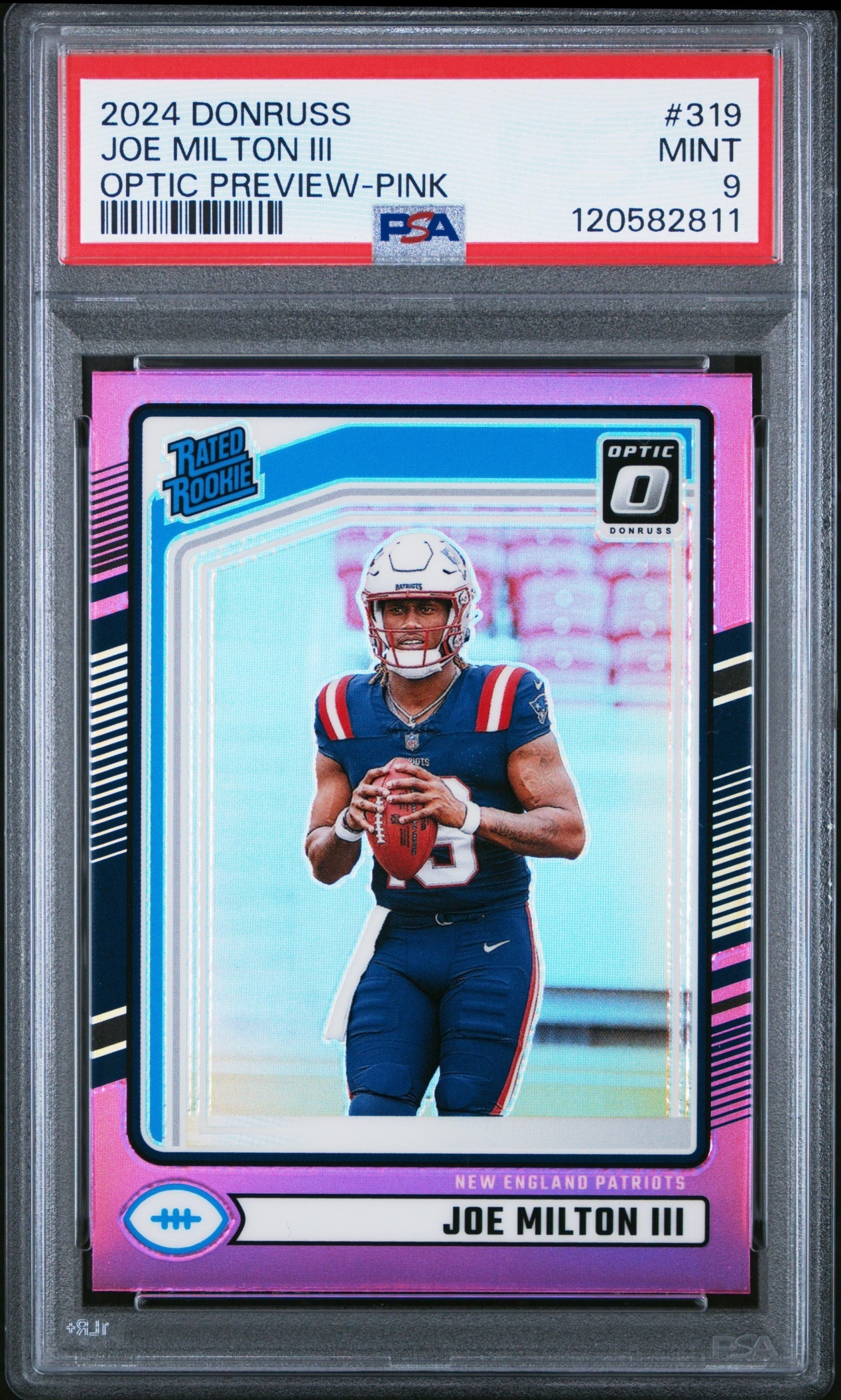 Card image for 2024 Panini Donruss Joe Milton III Optic Rated Rookie Preview Red and Green #319 Patriots