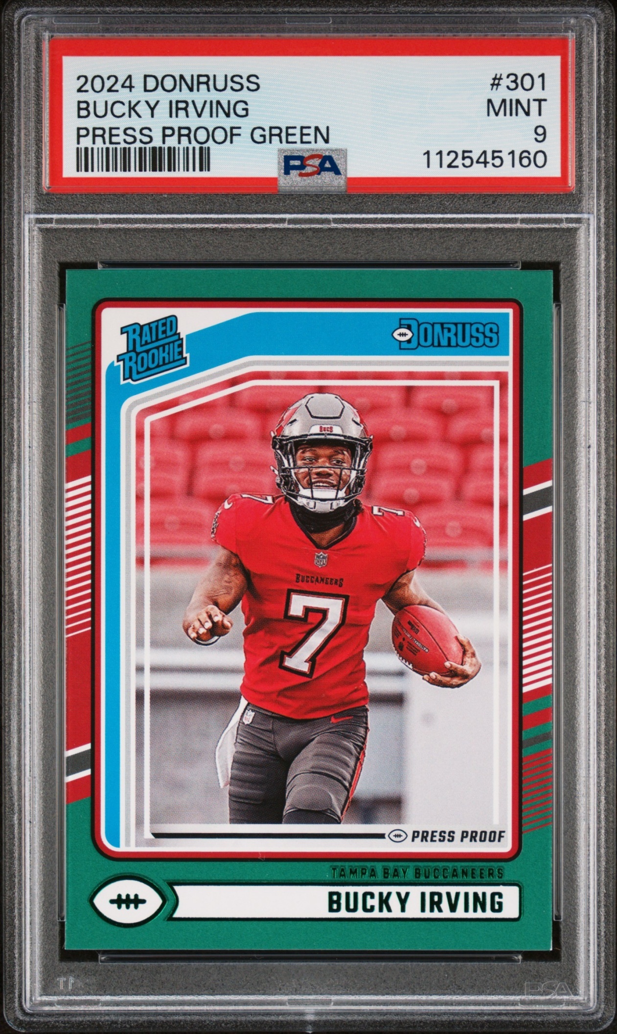 Card image for 2024 Panini Donruss Bucky Irving Press Proof Green #301 RC Rated Rookie Buccaneers
