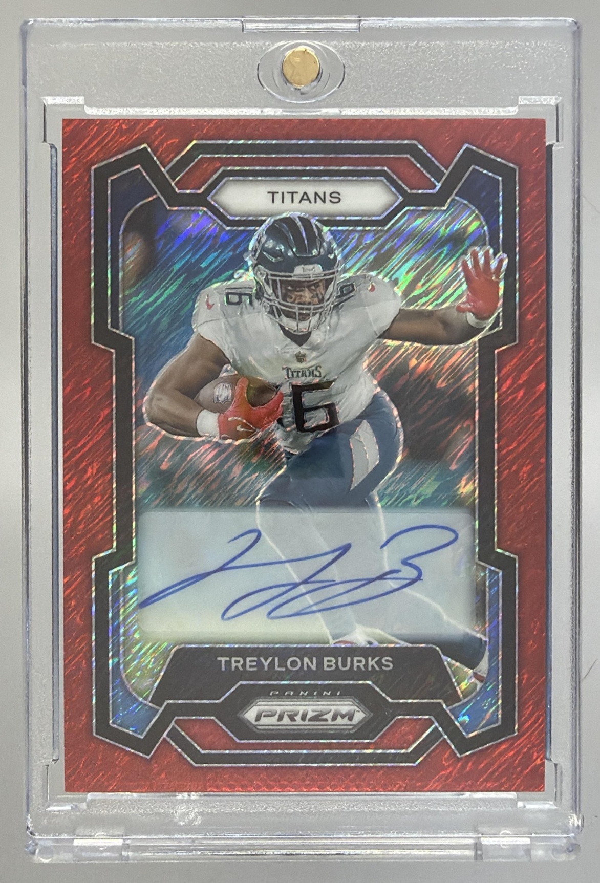 Card image for 2023 Panini Prizm Treylon Burks Auto Red Shimmer /35 #291 Titans