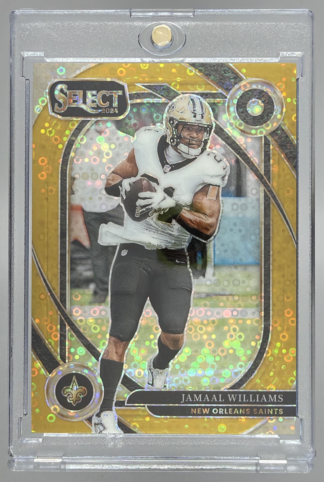 Card image for 2024 Panini Select Jamaal Williams Club Gold Disco Prizm /10 #266 Saints