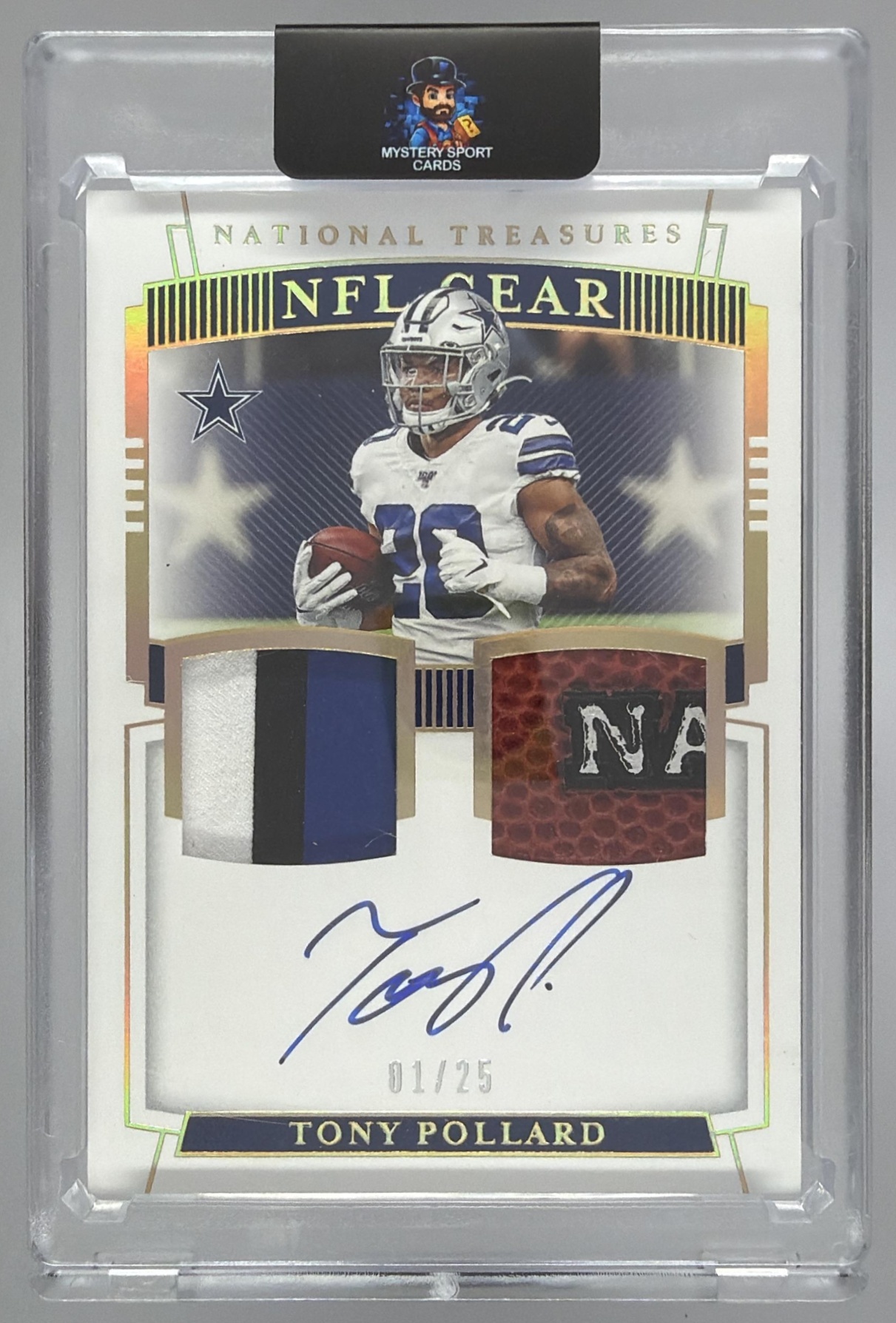 Card image for 2019 Panini National Treasures Tony Pollard Rookie Dual Materials Holo Silver /25 #RDM-37 MEM RC Cowboys