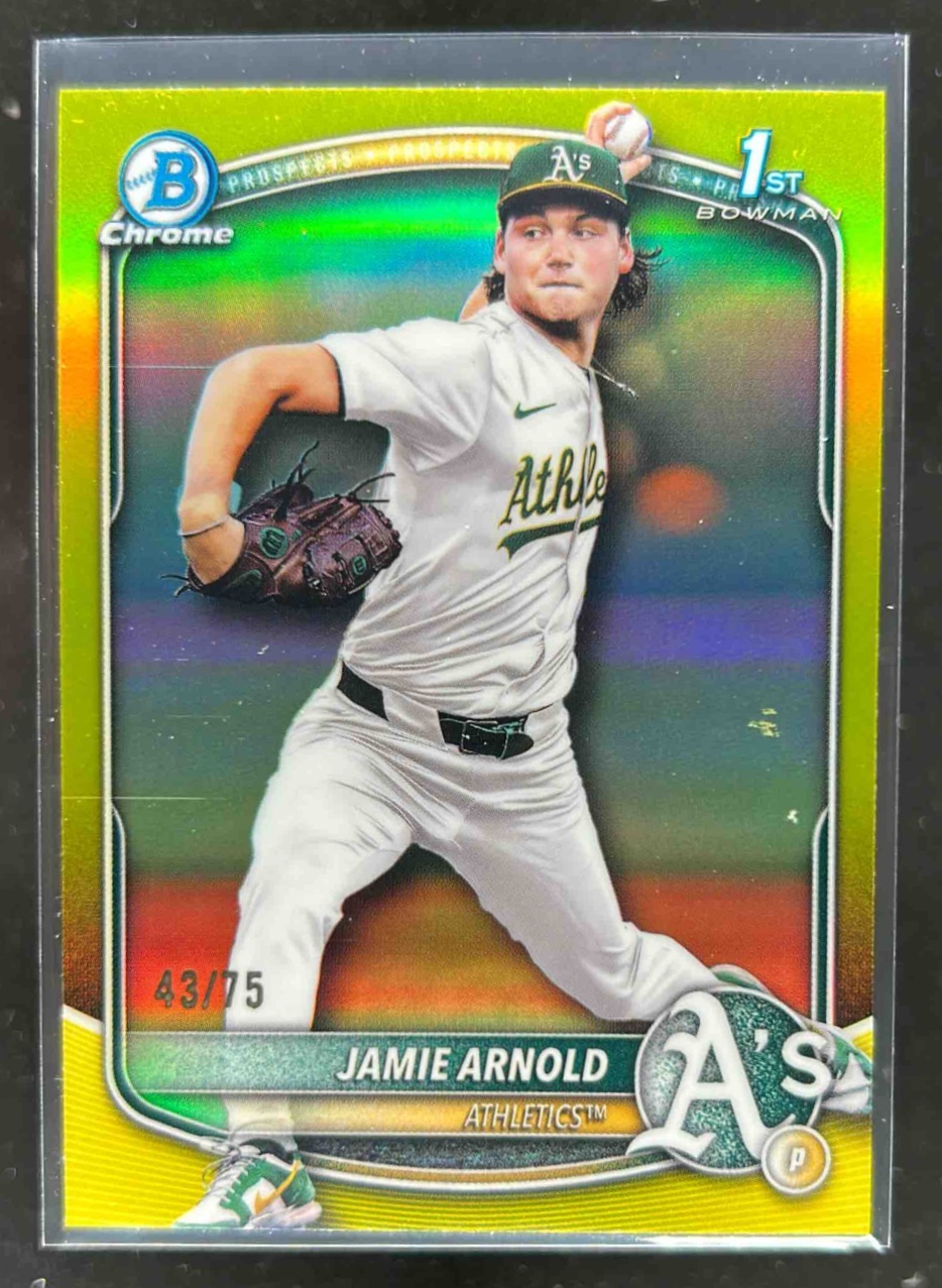 Card image for Jamie Arnold 2025 Bowman Draft Chrome Yellow Refractor /75
