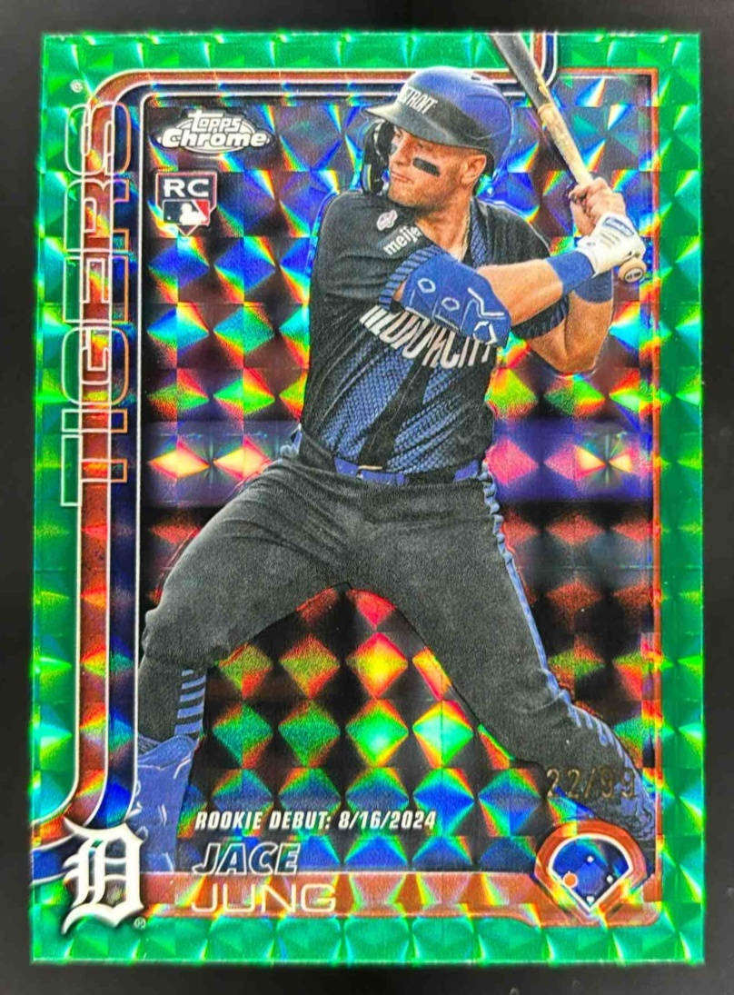 Card image for 2025 Topps Chrome Update Jace Jung Green Geometric Refractor /99 RC