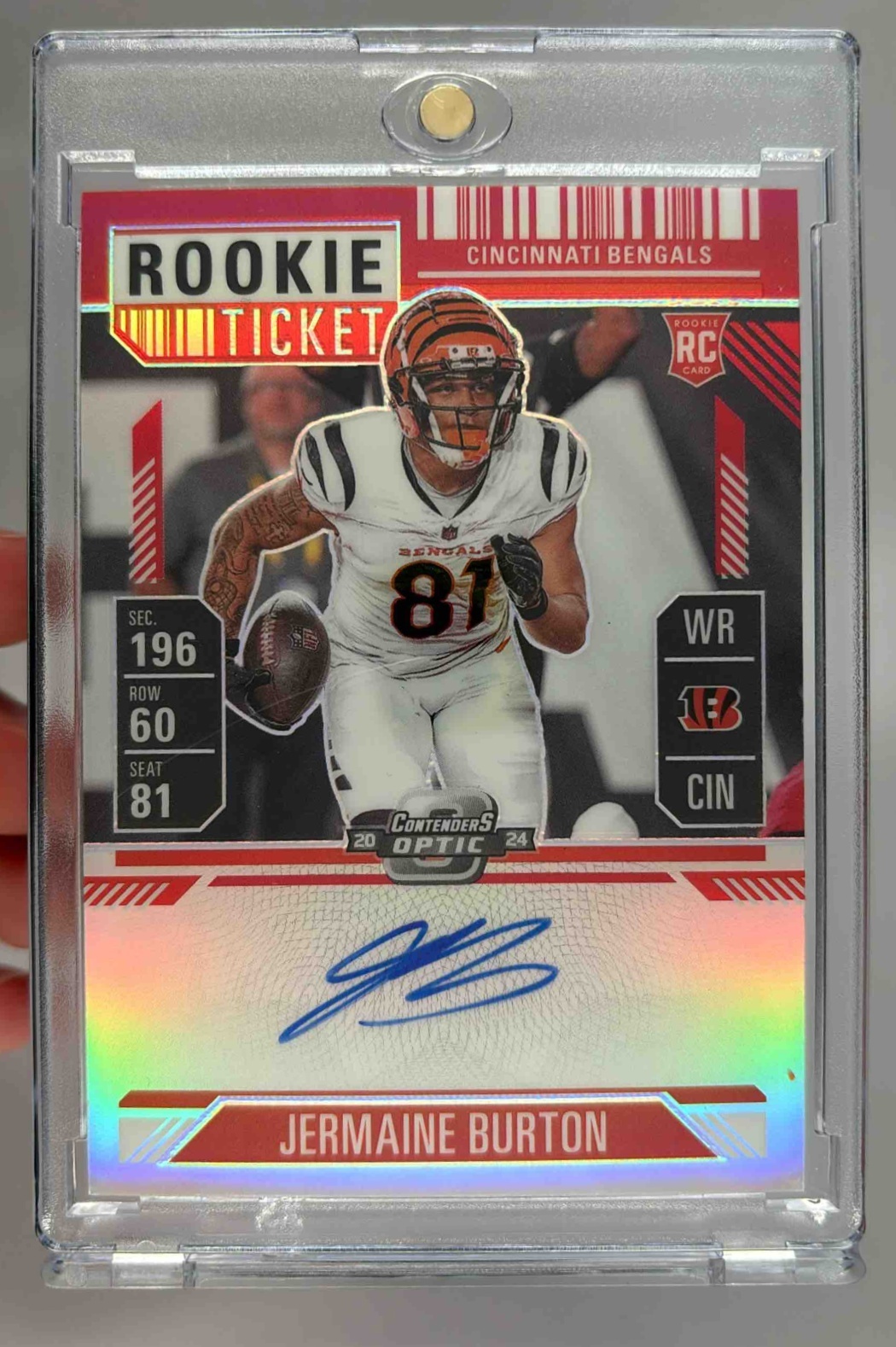 Card image for 2024 Panini Contenders Optic Jermaine Burton Rookie Ticket RPS Auto Red Prizm /175 #135 RC Bengals