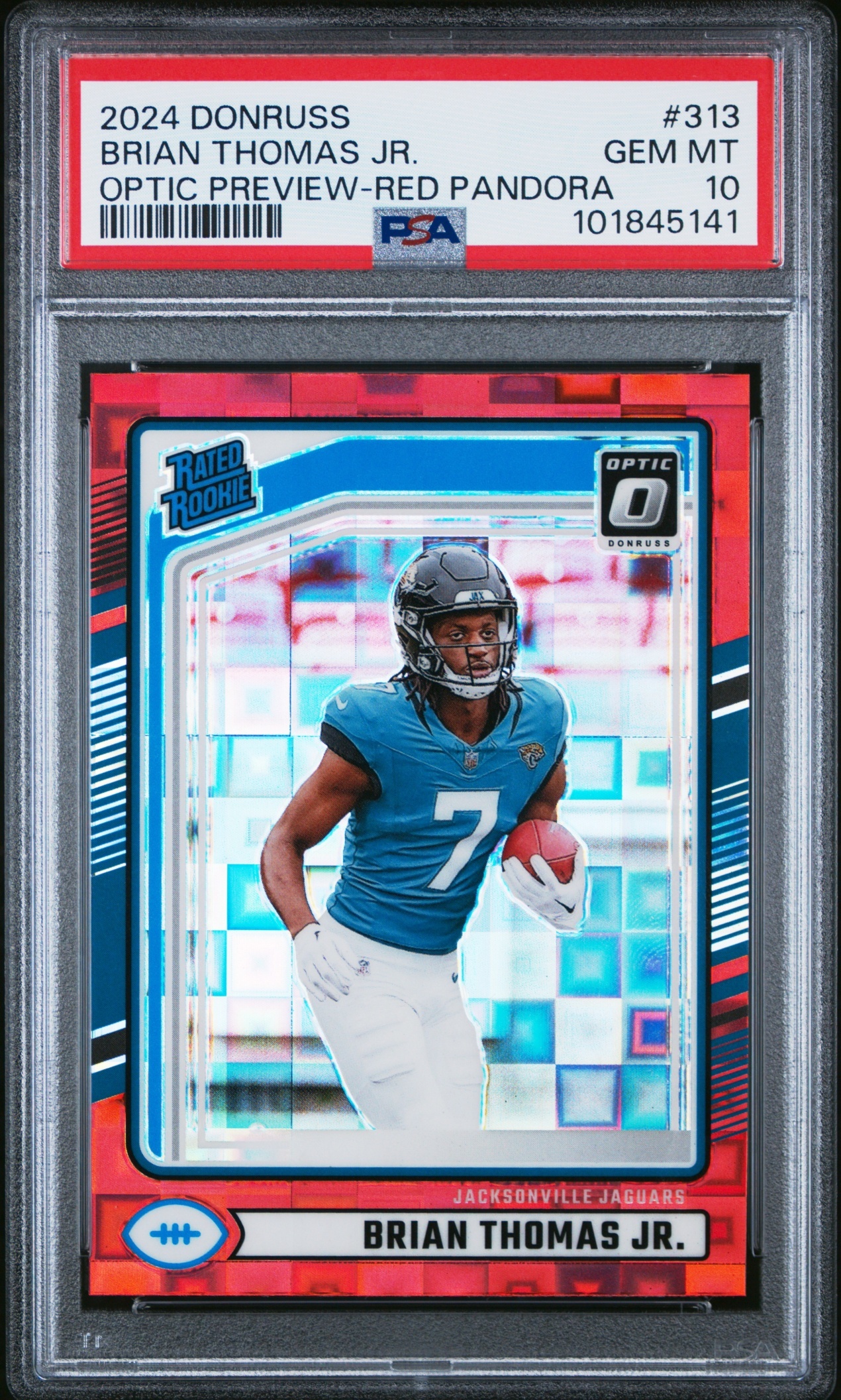 Card image for 2024 Panini Donruss Brian Thomas Jr. Optic Rated Rookie Preview Green Pandora /25 #313 Jaguars