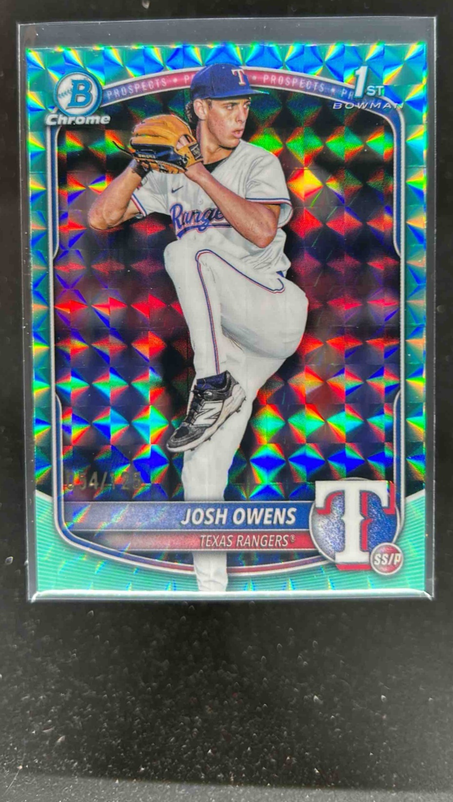 Card image for Josh Owens 2025 Bowman Baseball Draft Chrome Aqua Geometric 1stTexas Rangers