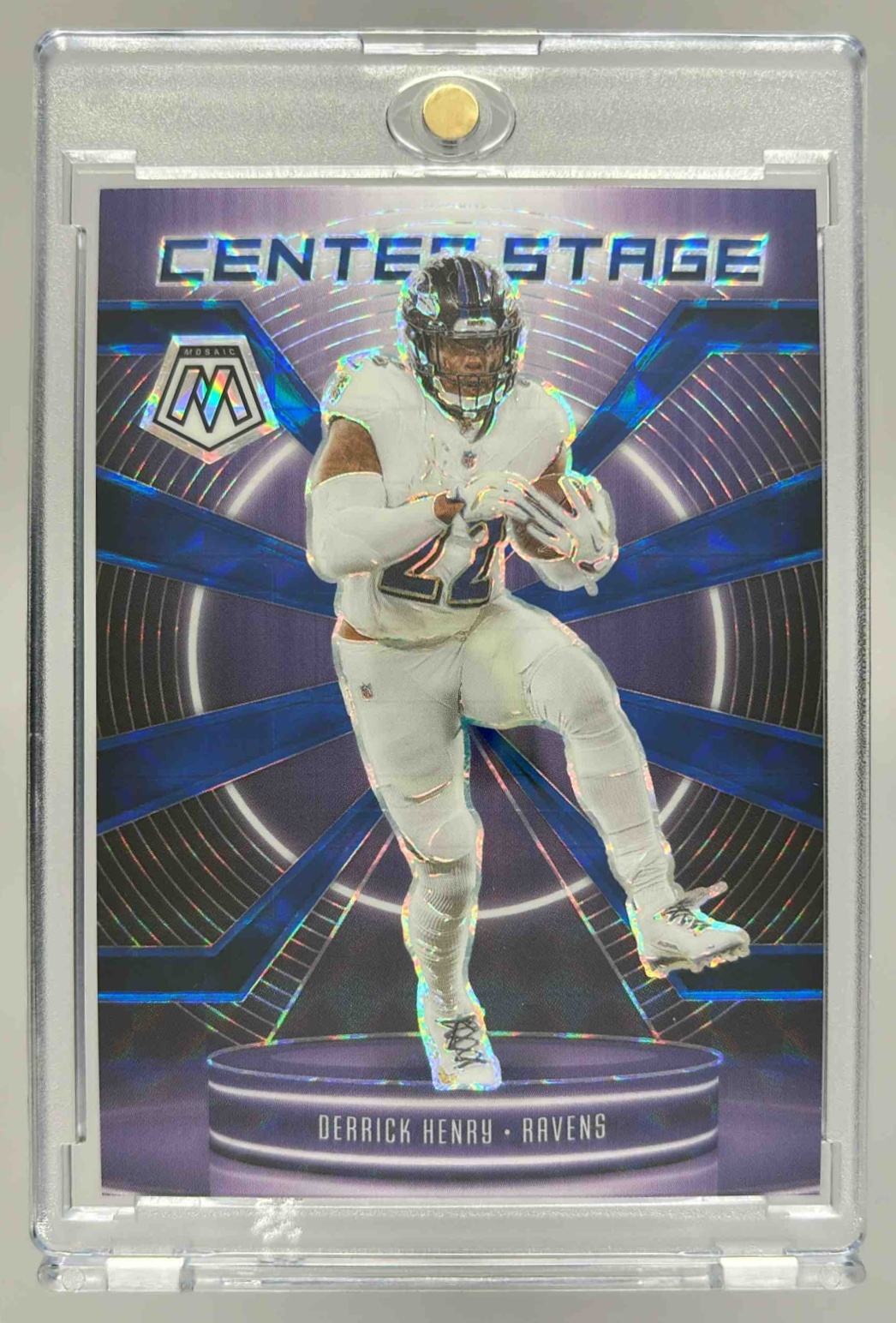 Card image for 2025 Panini Mosaic Derrick Henry Center Stage Blue Prizm /99 #21 Ravens