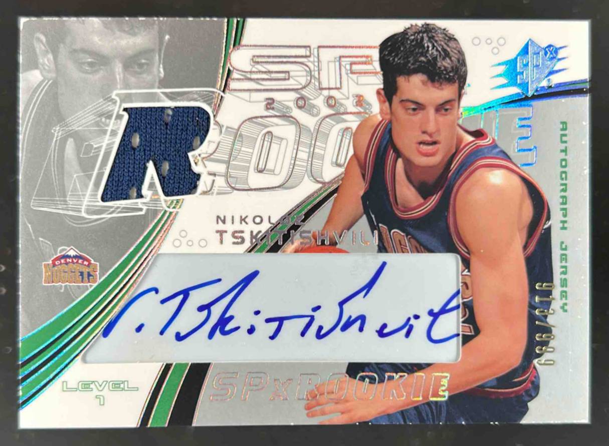 Card image for 2002-03 SPX NIKOLOZ TSKITISHVILI SPECTRUM /25 #129 MEM AUTO RC DENVER NUGGETS