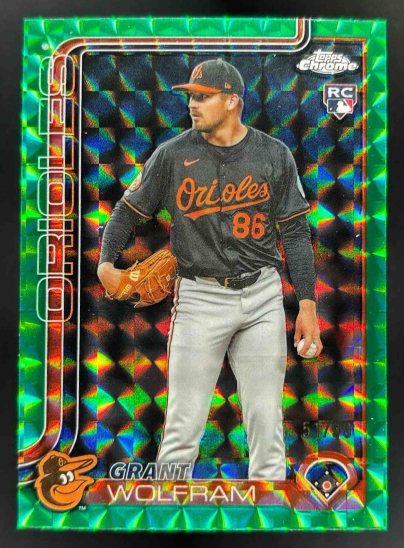 Card image for 2025 Topps Chrome Update Grant Wolfram Green Geometric Refractor /99 RC
