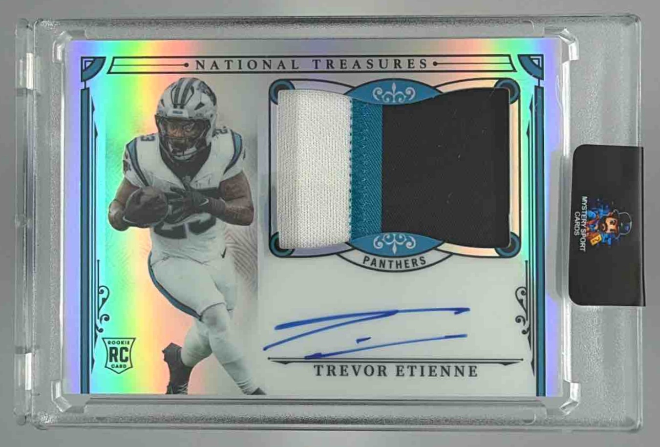 Card image for 2025 Panini National Treasures Trevor Etienne Rookie Patch Auto Premium /35 #167 MEM RC Panthers