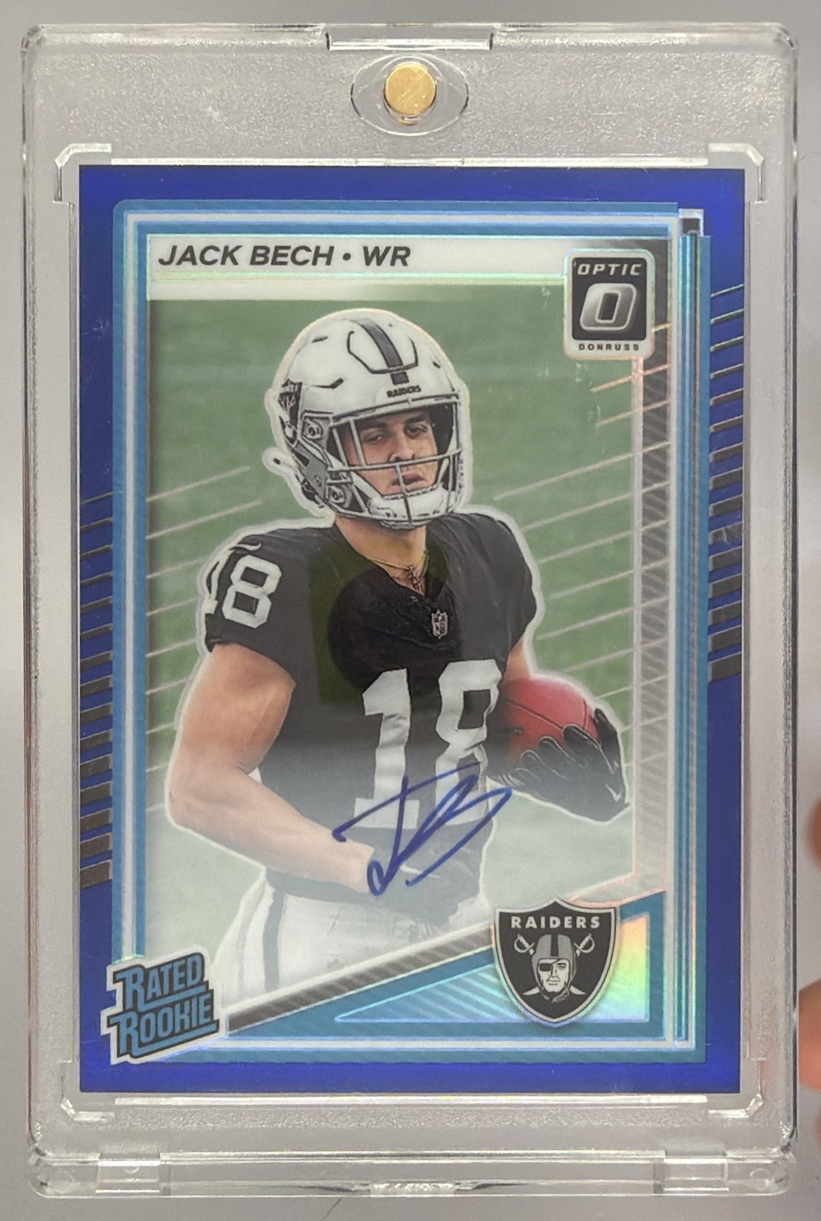 Card image for 2025 Panini Donruss Optic Jack Bech Rated Rookie RPS Auto Blue Prizm /149 #211 Raiders