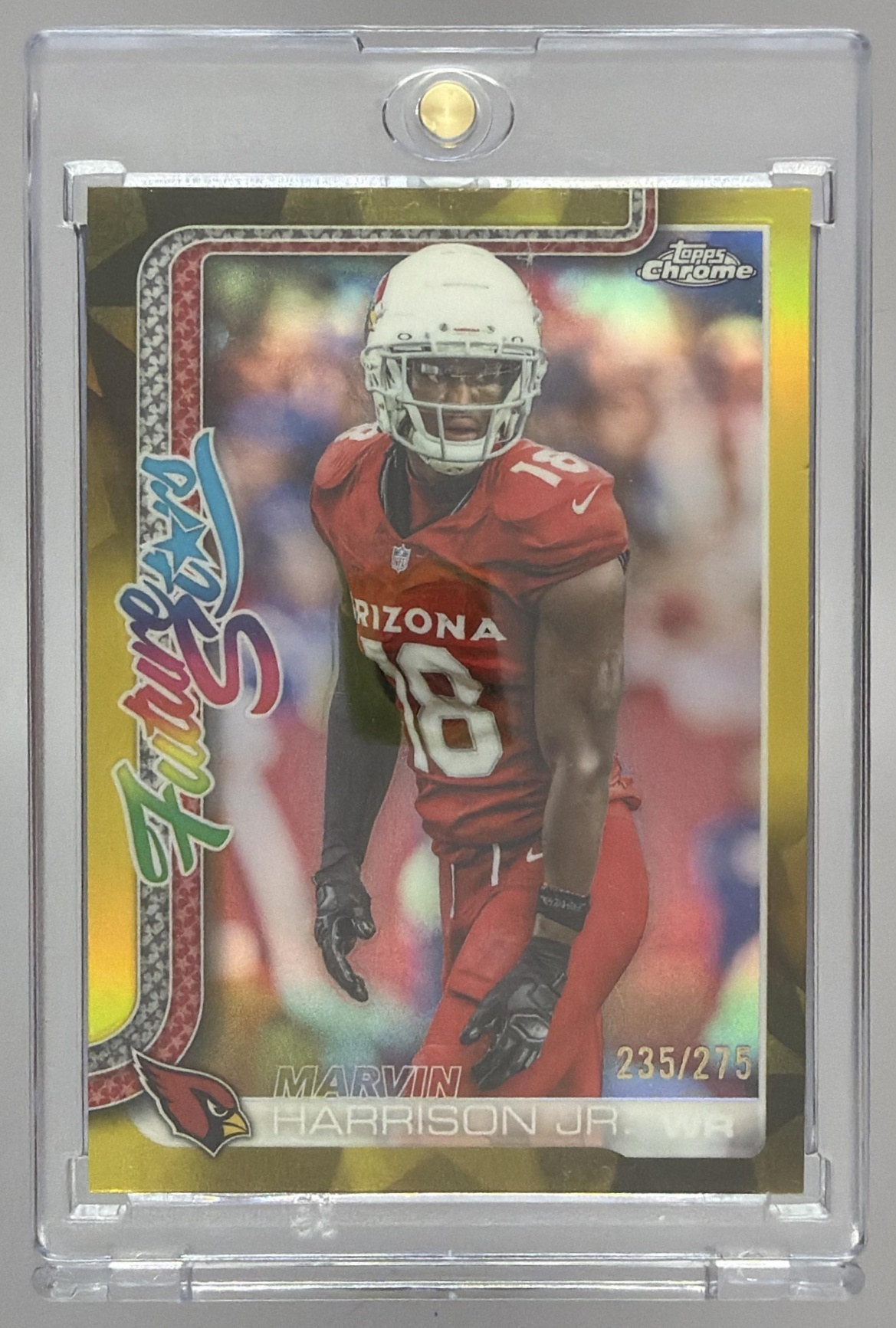 Card image for 2025 Topps Chrome Marvin Harrison Jr. Future Stars Yellow Refractor /275 #FS-6 SP Cardinals
