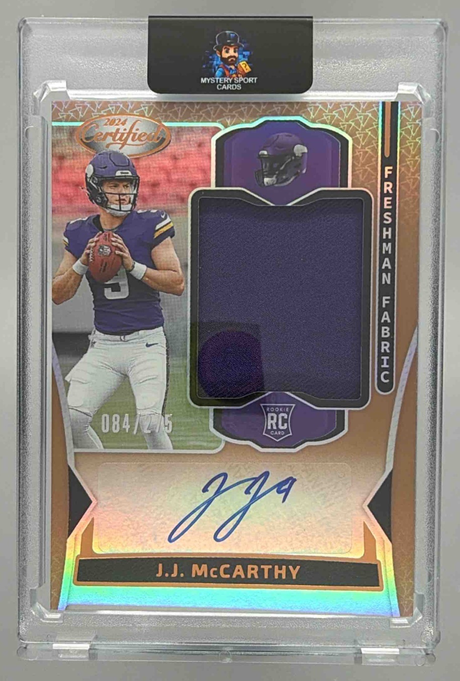 Card image for 2024 Panini Certified J.J. McCarthy Freshman Fabric Mirror Signatures Pink /275 #FMS-JJH MEM RC Auto Vikings