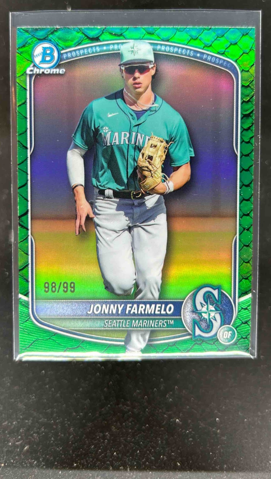 Card image for Jonny Farmelo 2025 Bowman Draft Chrome Green Reptilian Refractor /99