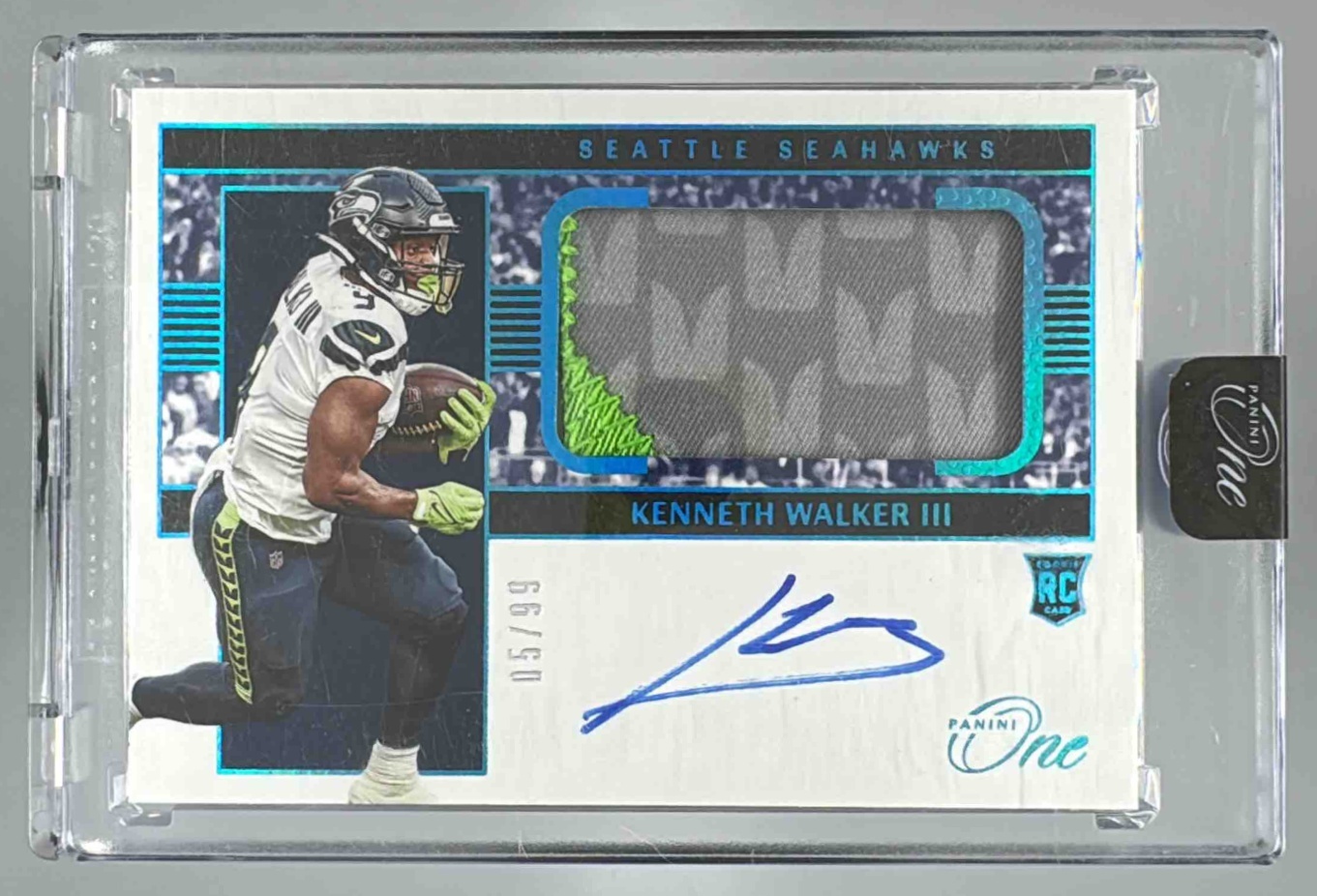 Card image for 2022 Panini One Kenneth Walker III Blue /99 #14 MEM Auto RC Seahawks
