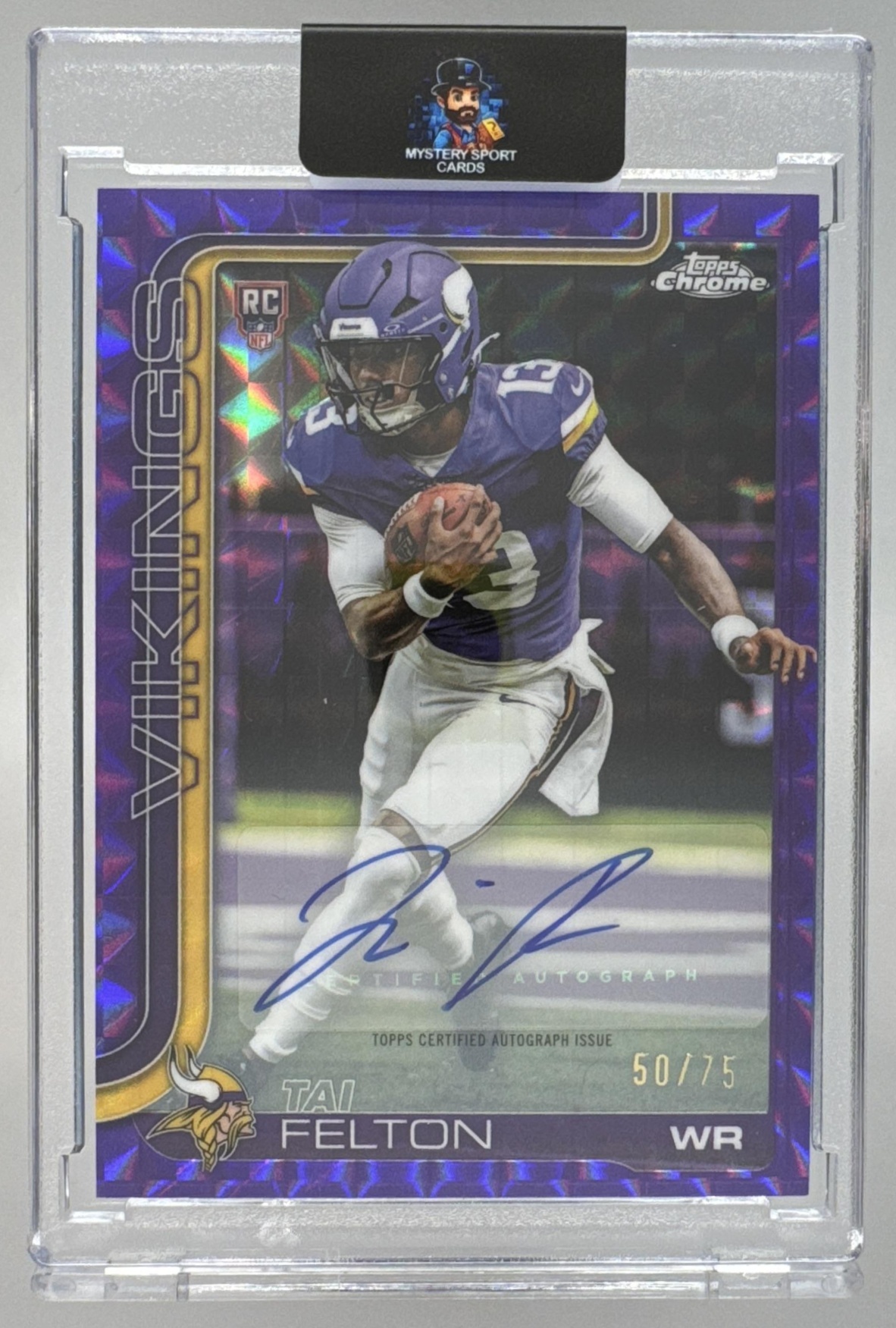 Card image for 2025 Topps Chrome Tai Felton Rookie Auto Purple Geometric Refractor /75 #RA-TF RC Vikings