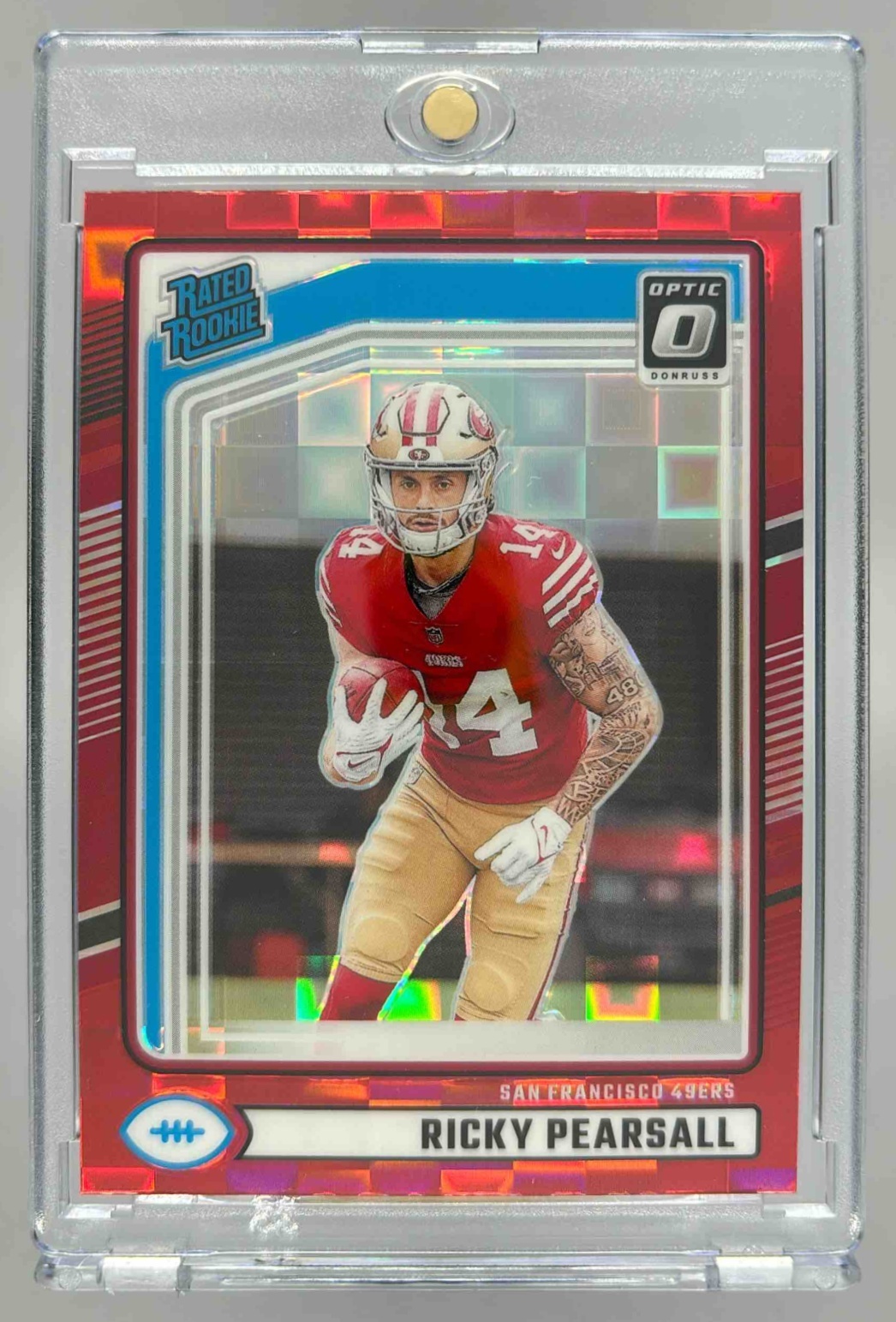 Card image for 2024 Panini Donruss Ricky Pearsall Optic Rated Rookie Preview Red Pandora #318 RC 49ers